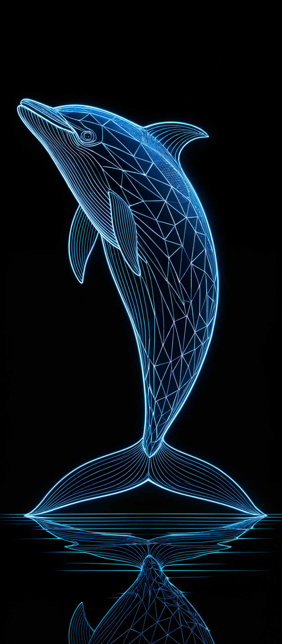 The image showcases a vibrant and intricate depiction of a dolphin. The dolphins are illustrated using a combination of geometric shapes, primarily triangles, forming a mesh-like pattern. These triangles are illuminated in a bright blue hue, giving the dolphine a futuristic and digital appearance. The background is pitch black, which accentuates the luminescence of the dolPHIN and creates a stark contrast. The reflection of the Dolphin is also visible on the water surface below, further enhancing the depth and dimension of the image, making it appear as if the dolphy is leaping out of the water.