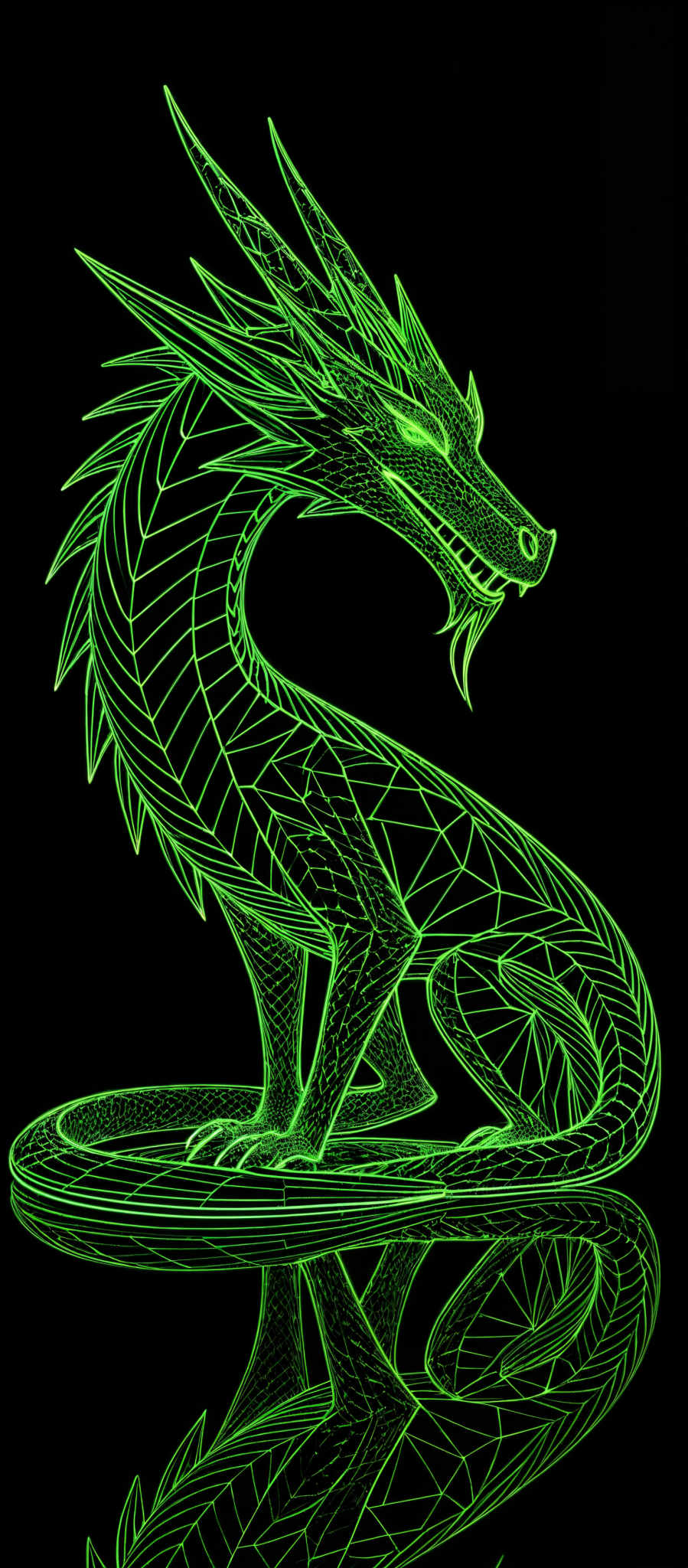 The image showcases a vibrant green dragon with intricate patterns. The dragon is depicted in a side profile, revealing its sharp, elongated teeth, pointed horns, and spiky mane. The patterns on the dragon are geometric, consisting of interconnected lines and shapes, giving it a modern and stylized appearance. The background is a deep black, which accentuates the bright green color of the dragoon, creating a striking contrast.