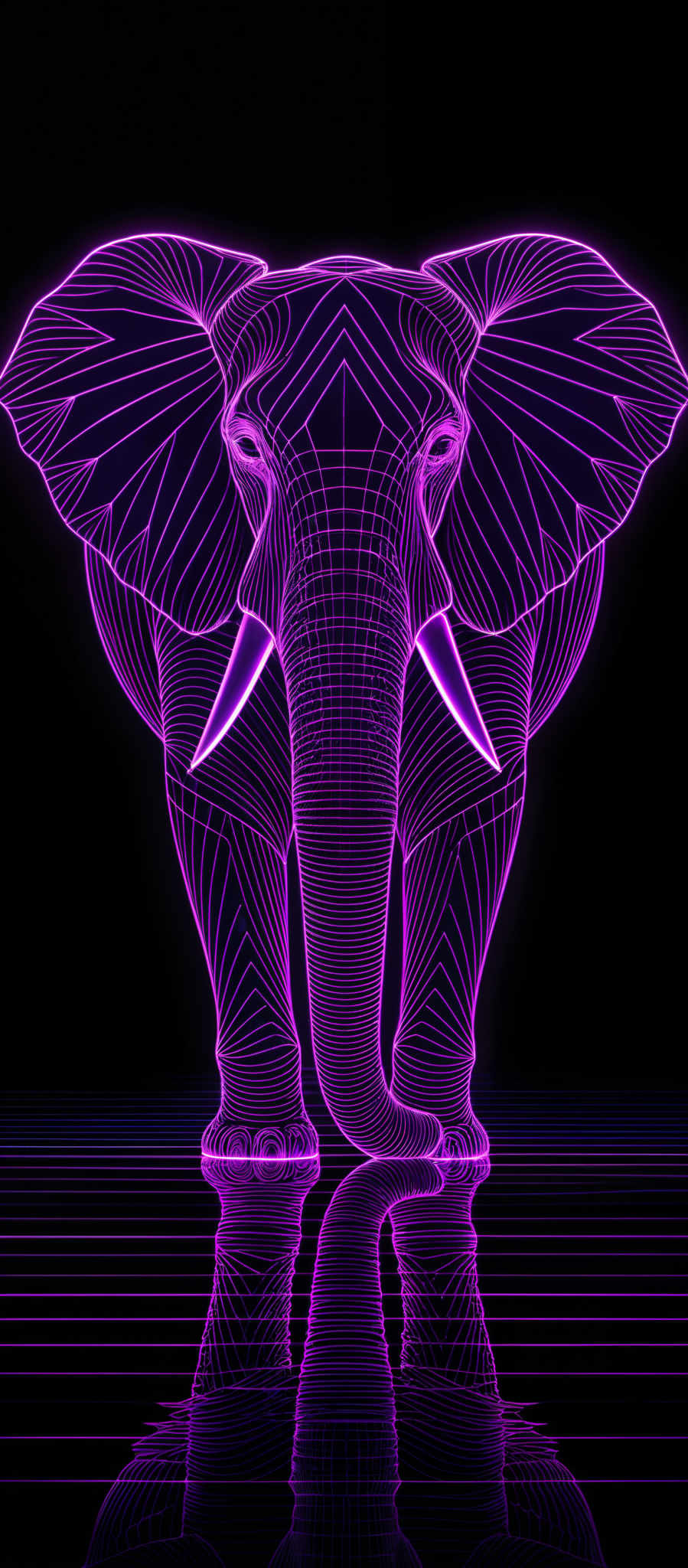 The image showcases a vibrant and intricate design of an elephant. The elephants are depicted in a neon-like glow, primarily in shades of purple and pink. The design is symmetrical, with detailed lines forming the contours of the elephans. The reflection of the neon elephantine design is visible on the water below, creating a mirrored effect.