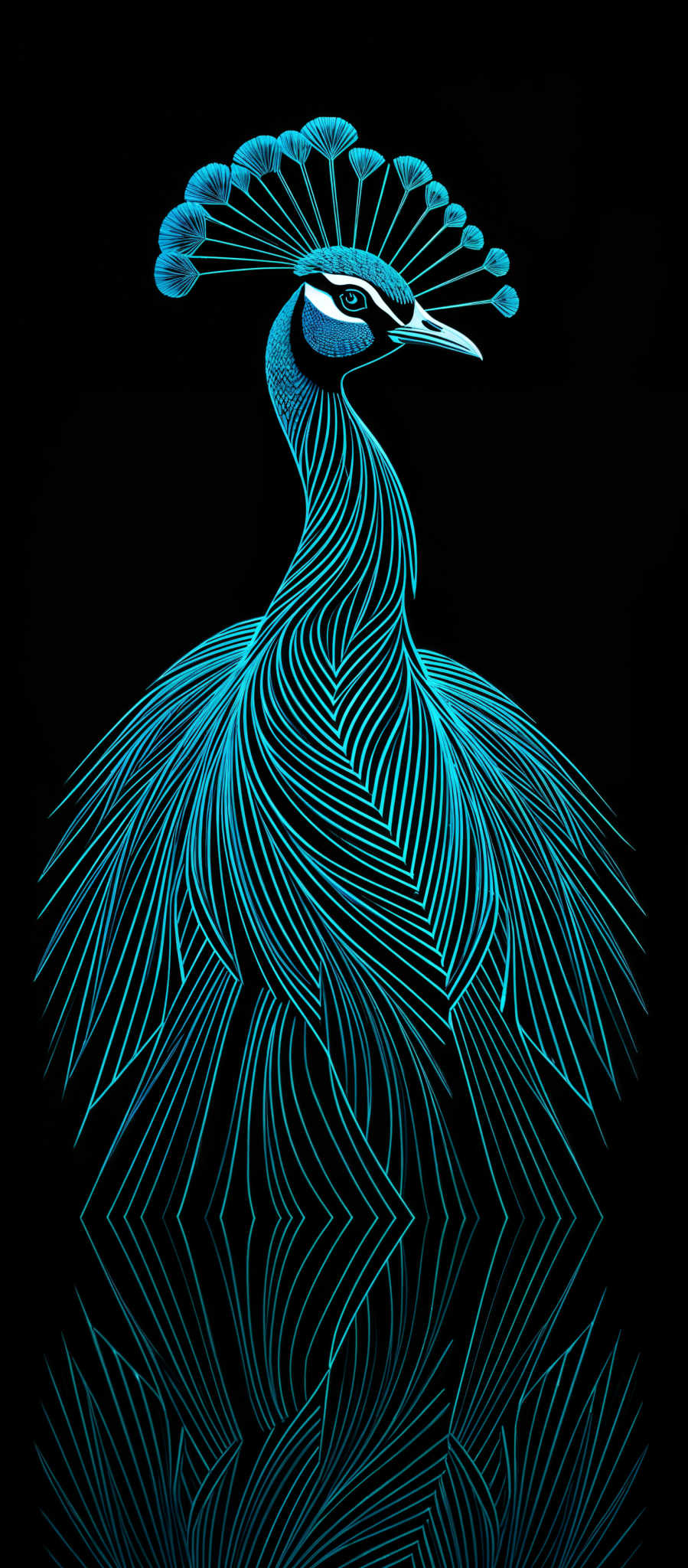 The image showcases a vibrant and intricate illustration of a bird, possibly a peacock or a peafowl. The bird is depicted in a side profile, with its head turned slightly to the left. The primary color of the bird is a luminescent blue, which contrasts starkly against a black background. The feathers of the animal are intricately detailed, with overlapping patterns and lines that give a sense of depth and texture. The most striking feature of the image is the bird's crest, which consists of multiple elongated feathers that fan out in a radial pattern. The crest is accentuated with a darker shade of blue, making it stand out prominently. The reflection of the creature can be seen at the bottom, adding to the overall aesthetic appeal of the artwork.