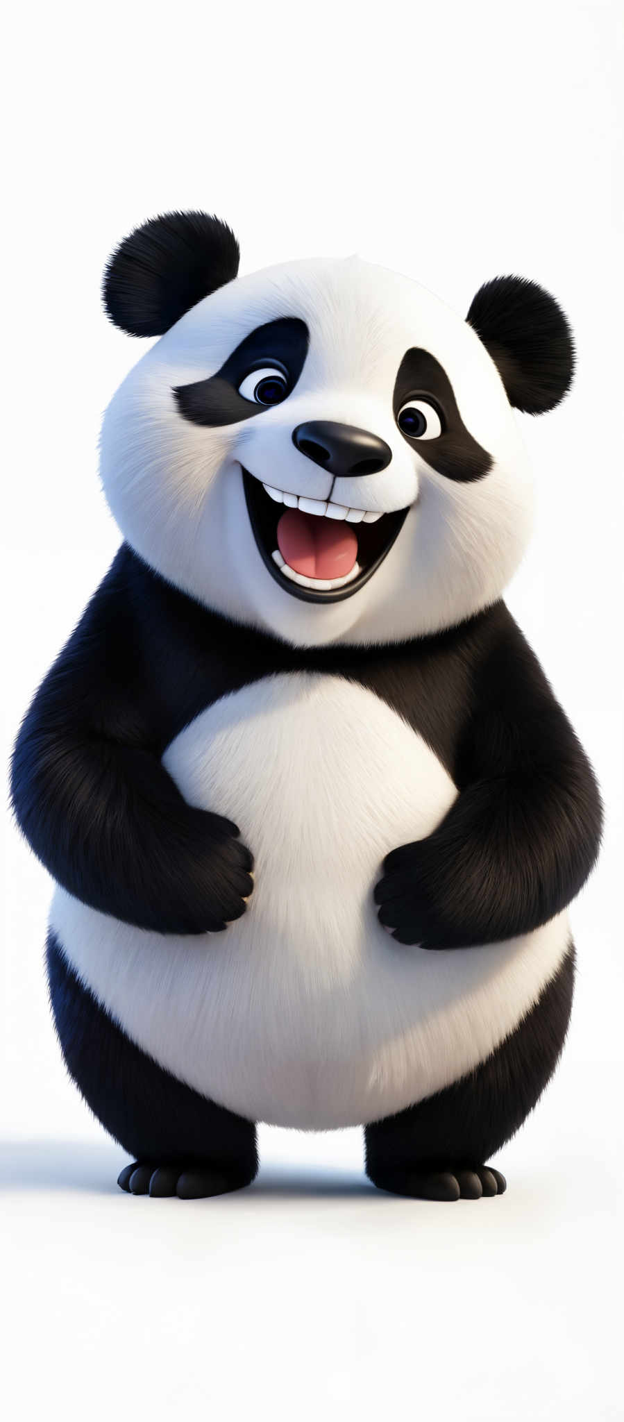 The image showcases a 3D animated panda. The panda has black and white fur, with a distinctive black patch around its eyes and ears. It has a cheerful expression with its mouth open, revealing a bright smile and its tongue. The eyes are large and round, with blue irises. The overall shape of the panda is round, and it appears to be standing upright with its hands on its belly.