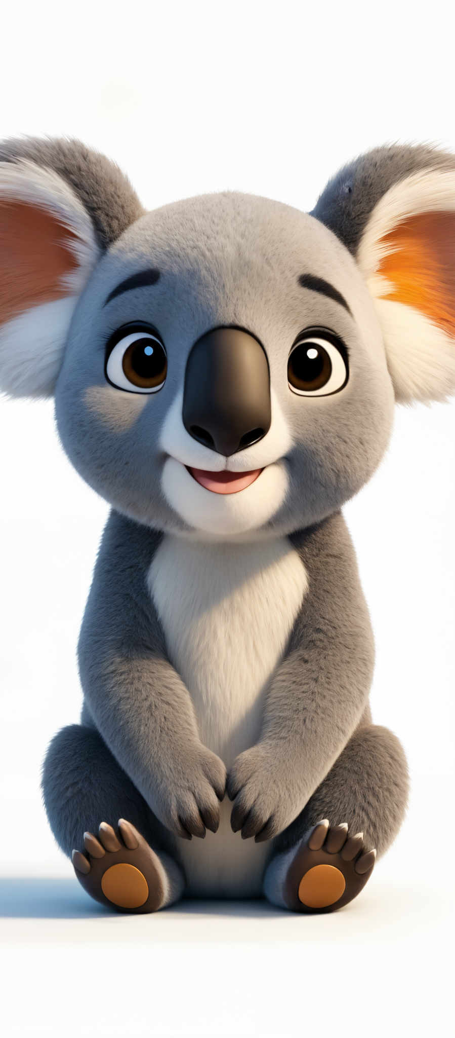 The image showcases a 3D animated character of a koala. The koala has a grey fur coat, large round orange ears, and large brown eyes. It has a black nose and a small pink mouth. The character is sitting with its arms crossed, and its feet are positioned in front of it.