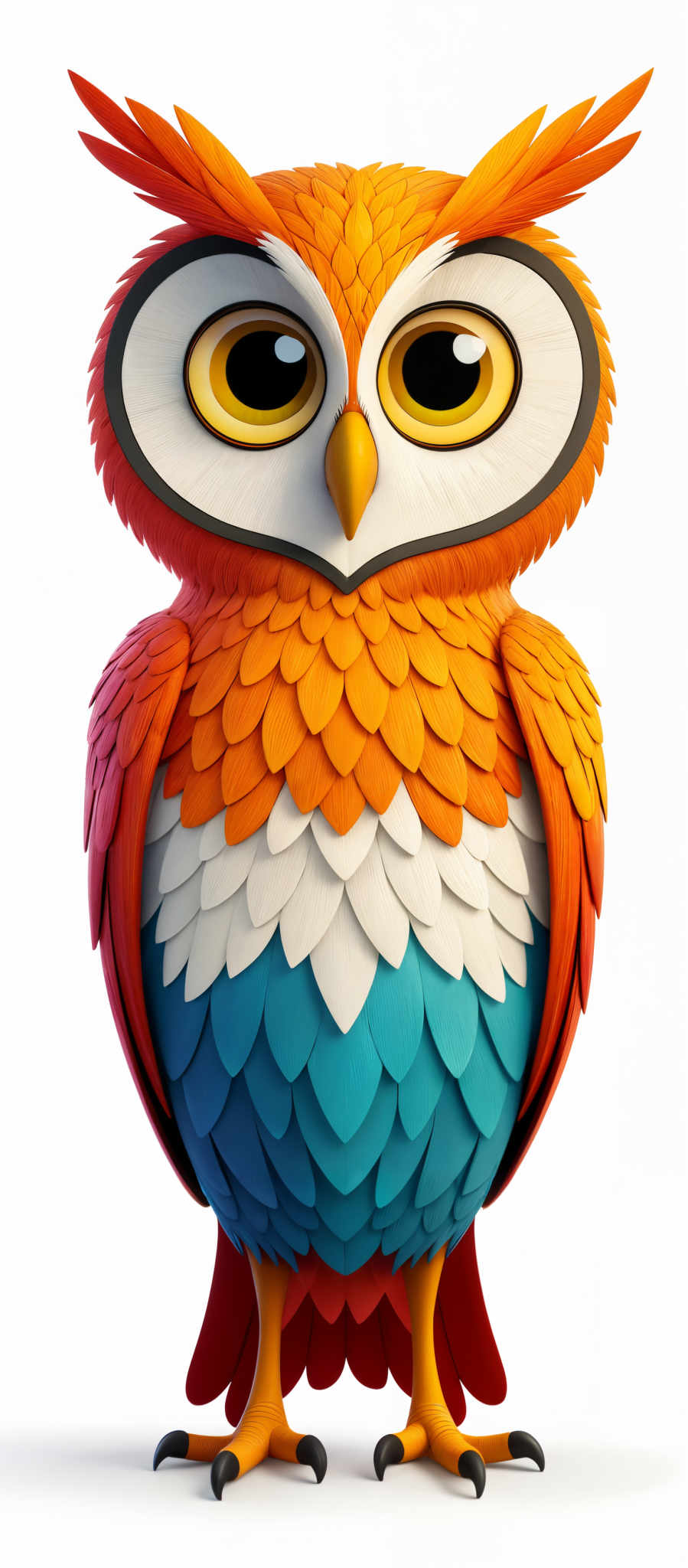 The image showcases a vibrant and colorful depiction of an owl. The owl has a mix of orange, white, and blue feathers. Its eyes are large, round, and have a deep yellow hue. The feathers on its head and wings are predominantly orange, while the body feathers transition from orange to white, followed by blue at the bottom. The feet of the owl are yellow with sharp claws.