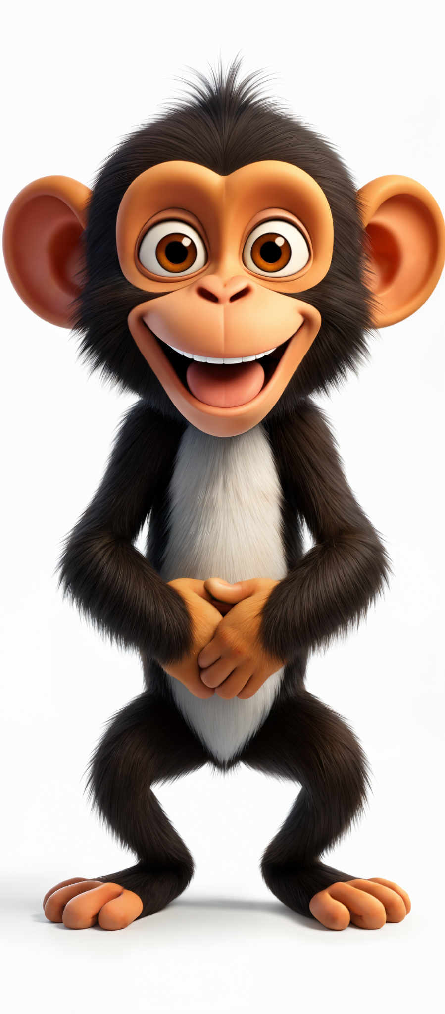 The image showcases a 3D animated character, which appears to be a chimpanzee. The chimp has a rounded face with large, expressive eyes that are amber in color. It has a broad, cheerful smile with its teeth visible. The fur is predominantly black with some white patches on its chest and belly. The character is standing upright, with its hands placed on its belly, and it seems to be in a playful or happy mood.