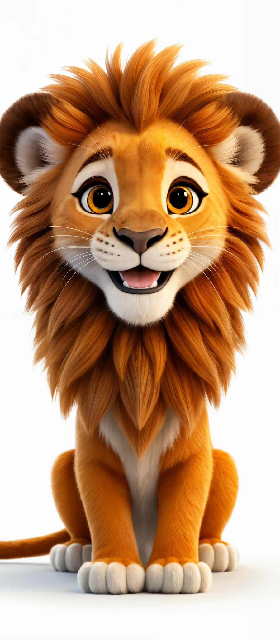 The image showcases a cartoon-like lion with a vibrant and fluffy mane. The lion has a round face with large, expressive eyes that are amber in color. Its mouth is slightly open, revealing a playful smile. The fur of the lion is predominantly orange with some white patches, especially around its paws. The overall shape of the animal is sitting upright, with its tail curled around its body.