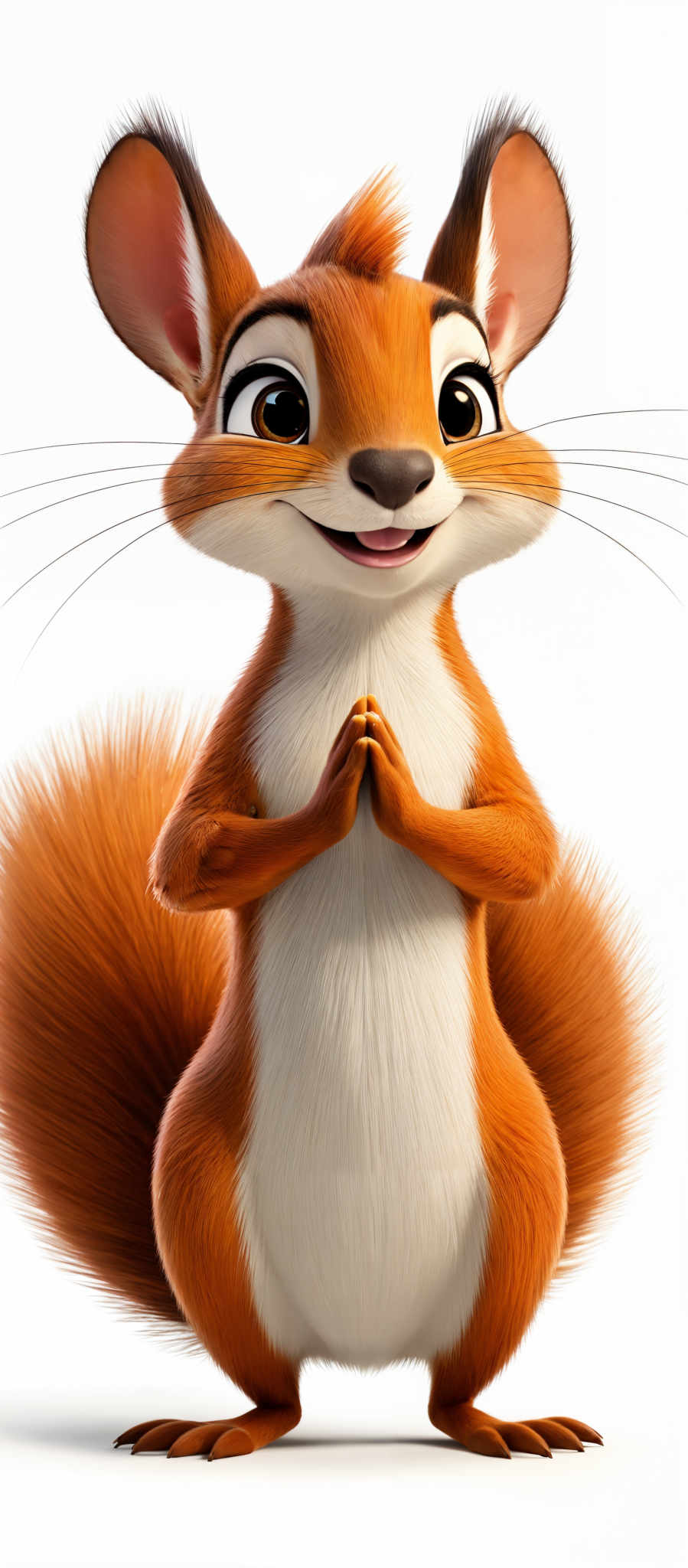 The image showcases a vibrant and detailed animated squirrel. The squirrely has a round and fluffy tail, large expressive eyes, and a bushy fur coat. The predominant colors are shades of orange and white, with the tail being a rich, golden-brown. The creature appears to be standing upright with its hands joined in front of it, as if in a praying or greeting pose.