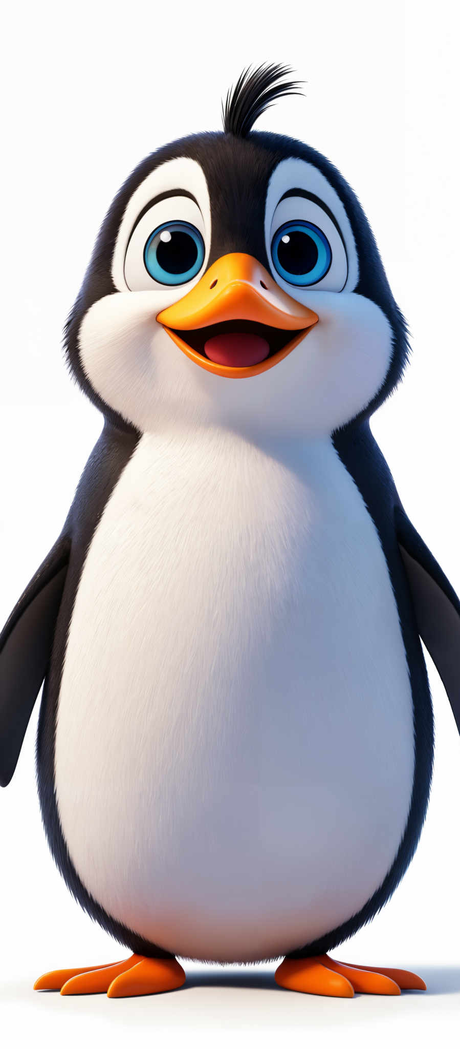 The image showcases an animated penguin. The penguins have a black and white plumage with a distinct orange beak and feet. The eyes are large, round, and blue, giving the penguine a friendly and curious appearance. The overall shape of the pinguin is chubby and round, with a slightly protruding orange tuft of hair on its head.