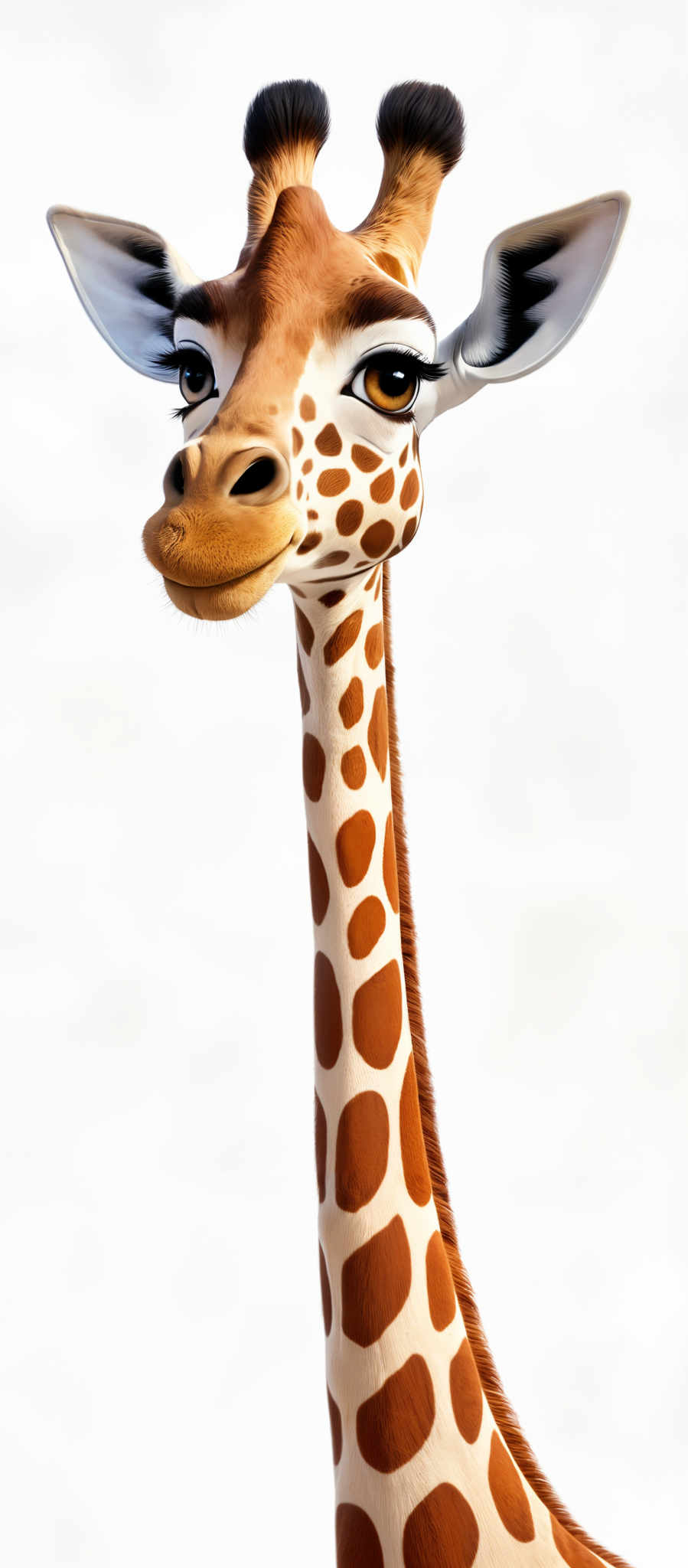 The image showcases a giraffe with a distinct and detailed design. The giraffes neck and body are adorned with brown spots, characteristic of its species. Its eyes are large, dark, and have a unique shape, giving it a curious and attentive look. The ears are large and have distinct black tips. The overall color palette consists mainly of browns, whites, and blacks.