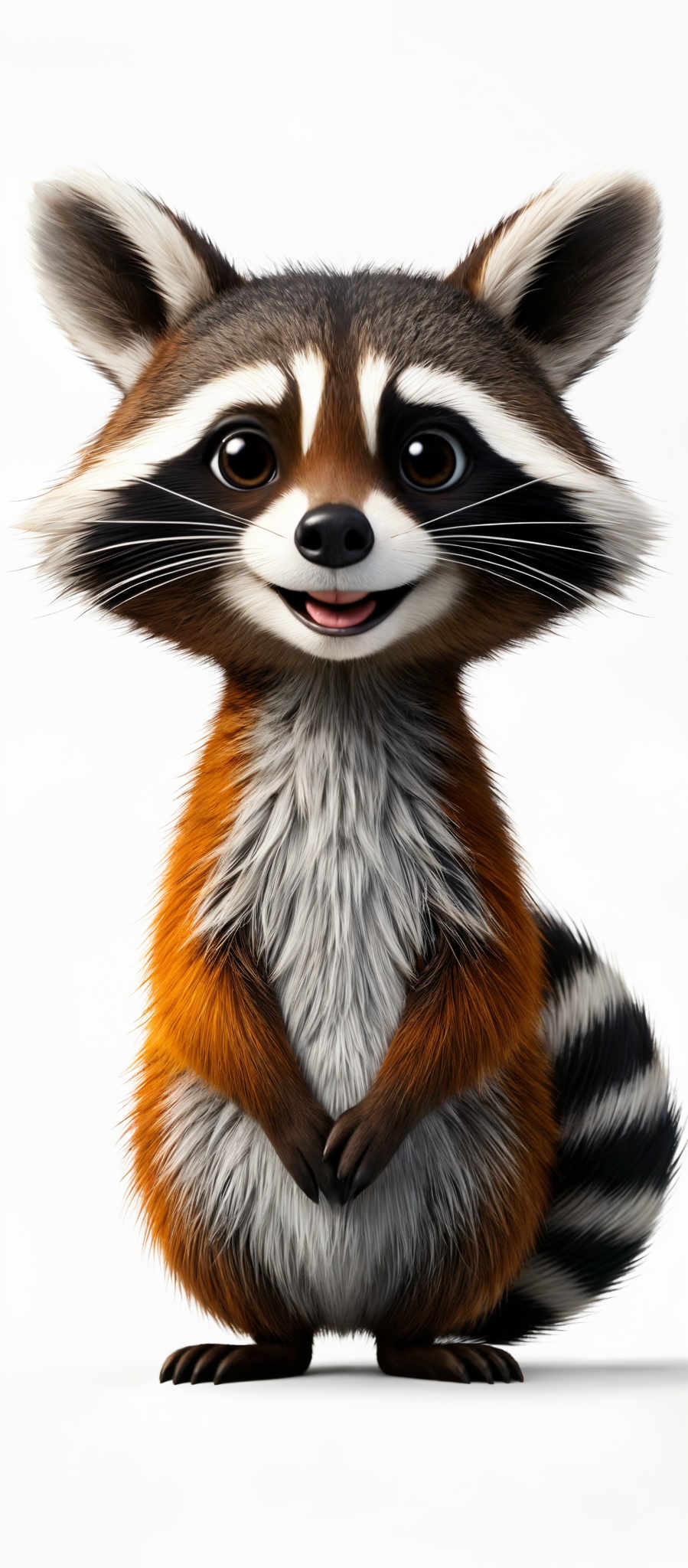 The image showcases a raccoon with a unique and detailed design. The raccoon has a rounded shape with a fluffy orange and gray fur coat. Its face is characterized by distinct black markings around the eyes, resembling a mask, and a black nose. The eyes are large, round, and have a shiny appearance. The tail is striped with alternating black and white bands. The overall color palette is a mix of warm oranges, grays, and blacks.