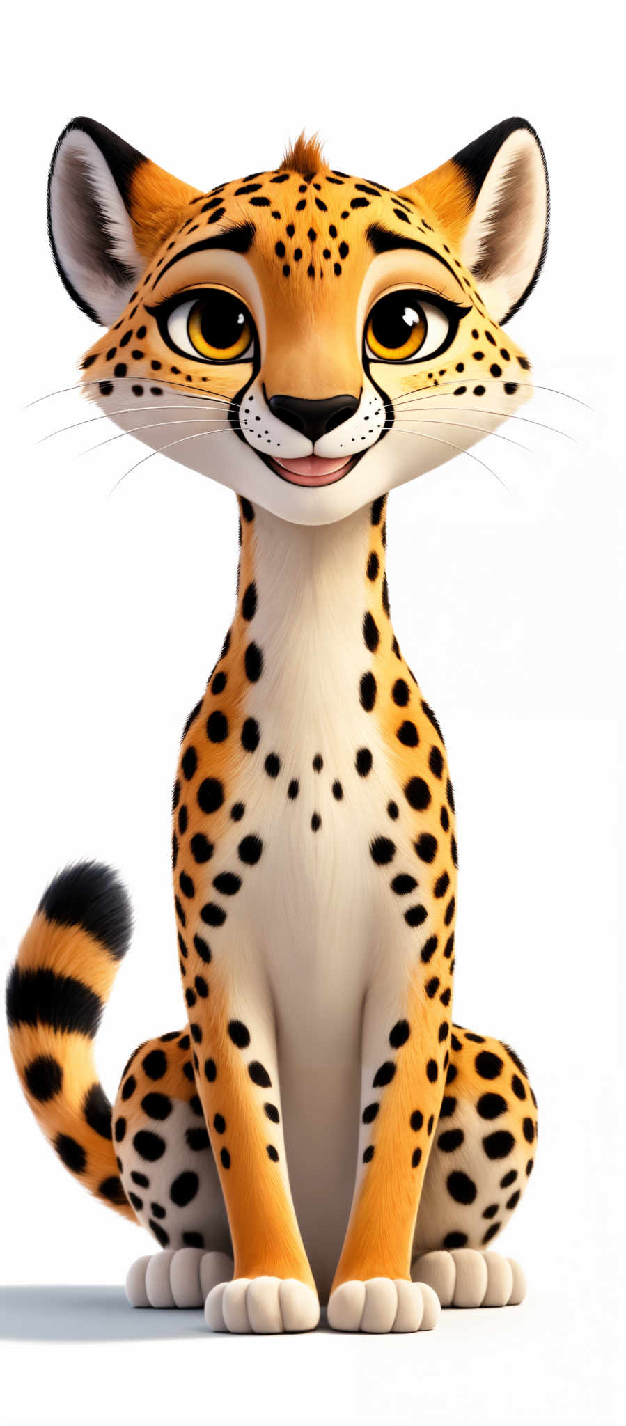 The image showcases a cartoon-style depiction of a cheetah. The cheetoh has a sleek, slender body covered in a golden-orange fur with black spots. Its large, round eyes are a striking amber color, and it has a gentle smile on its face. The tail is black and white striped, and its front paws are white with black nails.