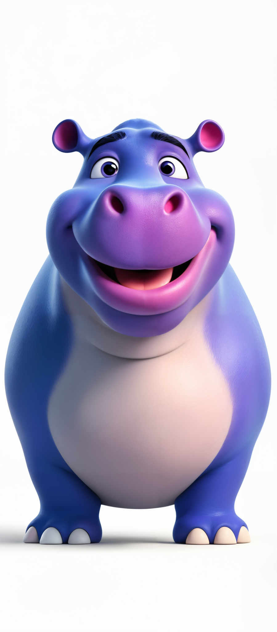 The image showcases a 3D animated character that appears to be a friendly, anthropomorphic hippopotamus. The hippo has a rounded, broad body with a large, wide smile showcasing its pink tongue. Its eyes are large, round, and have a bright blue color. The character's skin is a vibrant shade of purple, and it has a white belly. The overall appearance is cheerful and cartoonish.