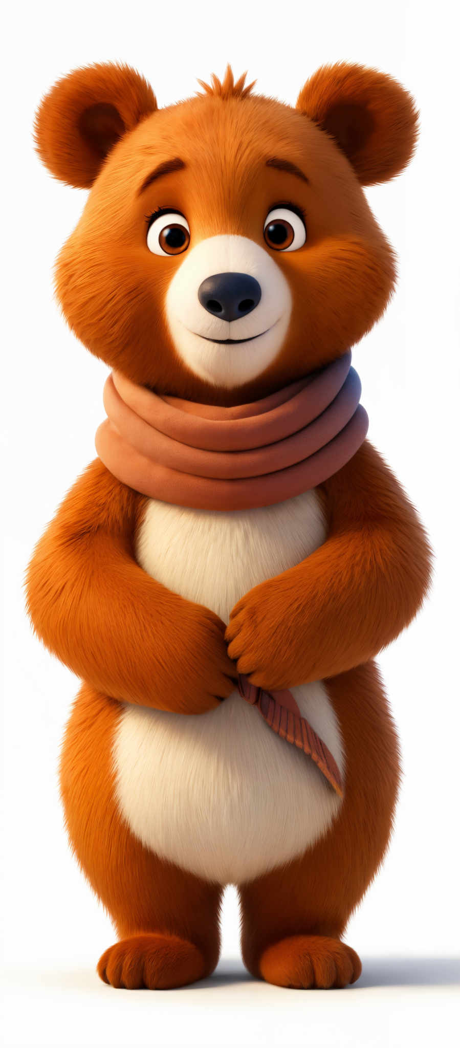 The image showcases a brown, anthropomorphic bear. The bear has a round face with large, expressive eyes and a black nose. It is wearing a brown scarf around its neck and has a small brown object, possibly a toy or a button, attached to its belt. The fur of the bear appears soft and fluffy, and it stands upright with its arms crossed in front of it.