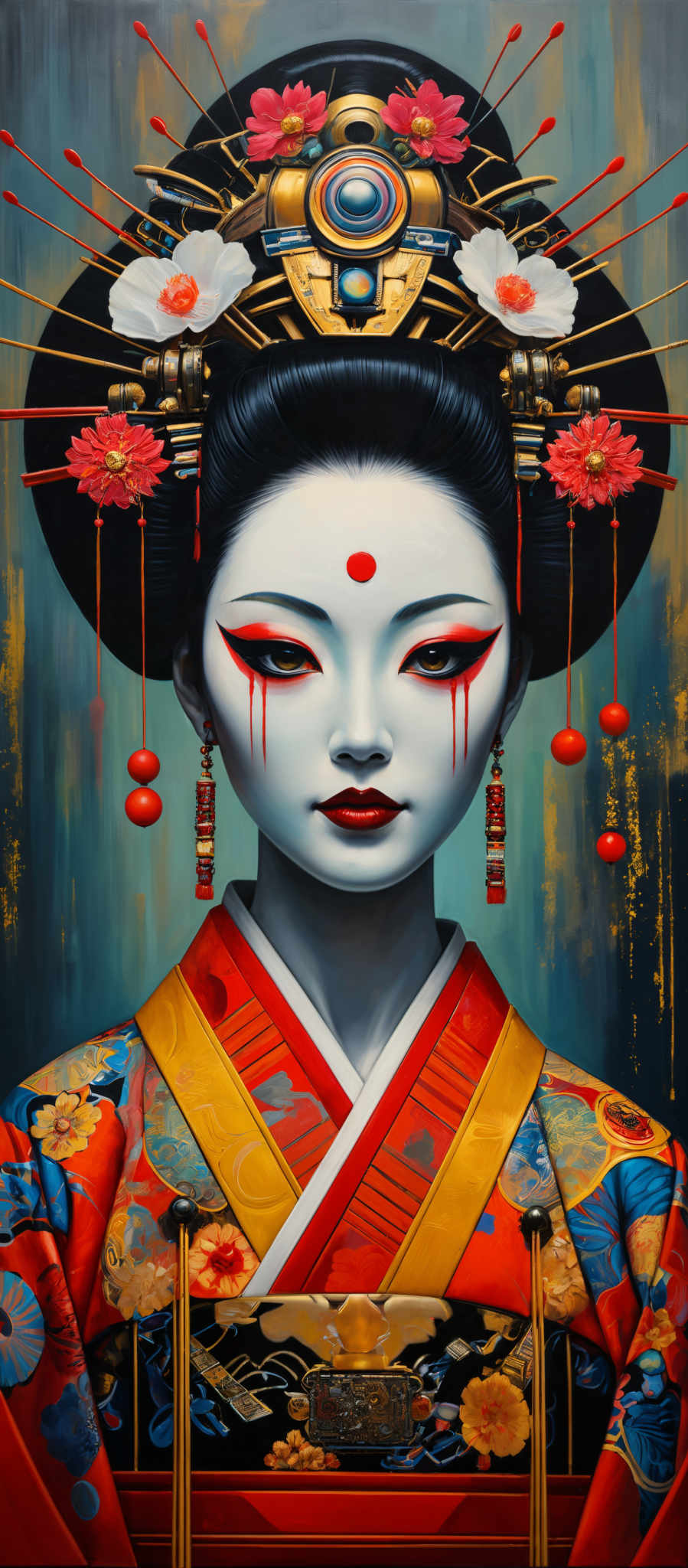 The image showcases a portrait of a woman adorned with intricate details. She has a pale complexion with striking red streaks running down from her eyes, reminiscent of traditional Japanese makeup. Her hair is neatly styled in a black bun, decorated with various ornaments including flowers, beads, and a circular object with a holographic-like center. The background is a blend of dark and muted colors, with hints of gold, giving a contrast to the vibrant colors of her attire and accessories.