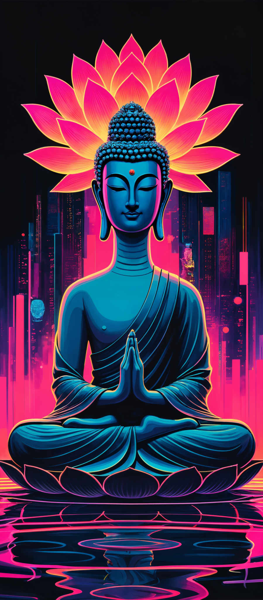 The image showcases a vibrant depiction of Buddha in meditation. He is portrayed in a blue hue, with intricate details on his face, such as the three-dot marking on his forehead. The Buddah is seated in a lotus position, with his hands joined in a gesture of reverence. Behind him, there's a radiant lotus flower in shades of pink and orange, emanating a glow. The background features a cityscape with tall buildings illuminated in various colors, predominantly pink, purple, and blue. The entire image is set against a dark backdrop, which accentuates the vivid colors of the Buddhas and the city.