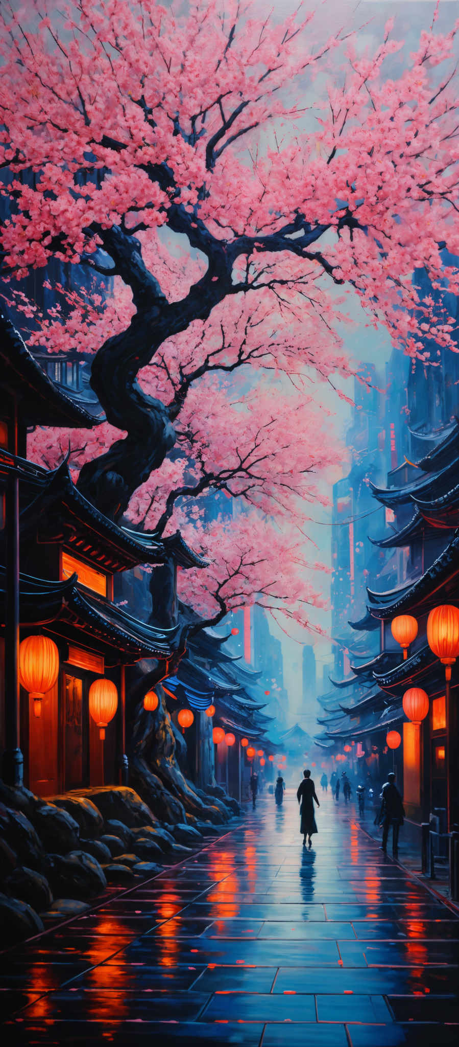 The image showcases a vibrant scene of a traditional Japanese street. Dominating the scene is a magnificent cherry blossom tree in full bloom, with its pink petals contrasting beautifully against the blue-toned backdrop. The tree's branches sprawl out, creating a canopy that almost envelops the entire street. Below, traditional Japanese buildings with wooden exteriors and curved roofs line the street, illuminated by warm orange lanterns. These lantern-lit buildings add a serene ambiance to the scene. In the distance, silhouettes of people can be seen, some walking and others standing, possibly admiring the view or engaging in conversations. The entire scene is rendered in a painterly style, with soft brush strokes and a dreamy atmosphere.