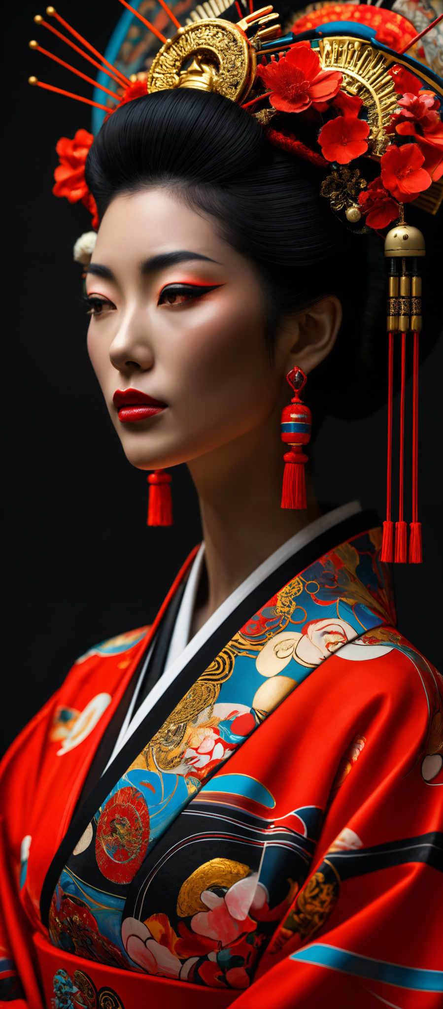 The image showcases a woman adorned in a vibrant kimono with intricate patterns. The kimoto is predominantly red with gold and blue accents. The woman is wearing a traditional headdress, which is ornate and features red flowers, golden spikes, and hanging tassels. Her makeup is bold, with striking red eyeshadow and red lipstick. The overall aesthetic is reminiscent of traditional Japanese culture.