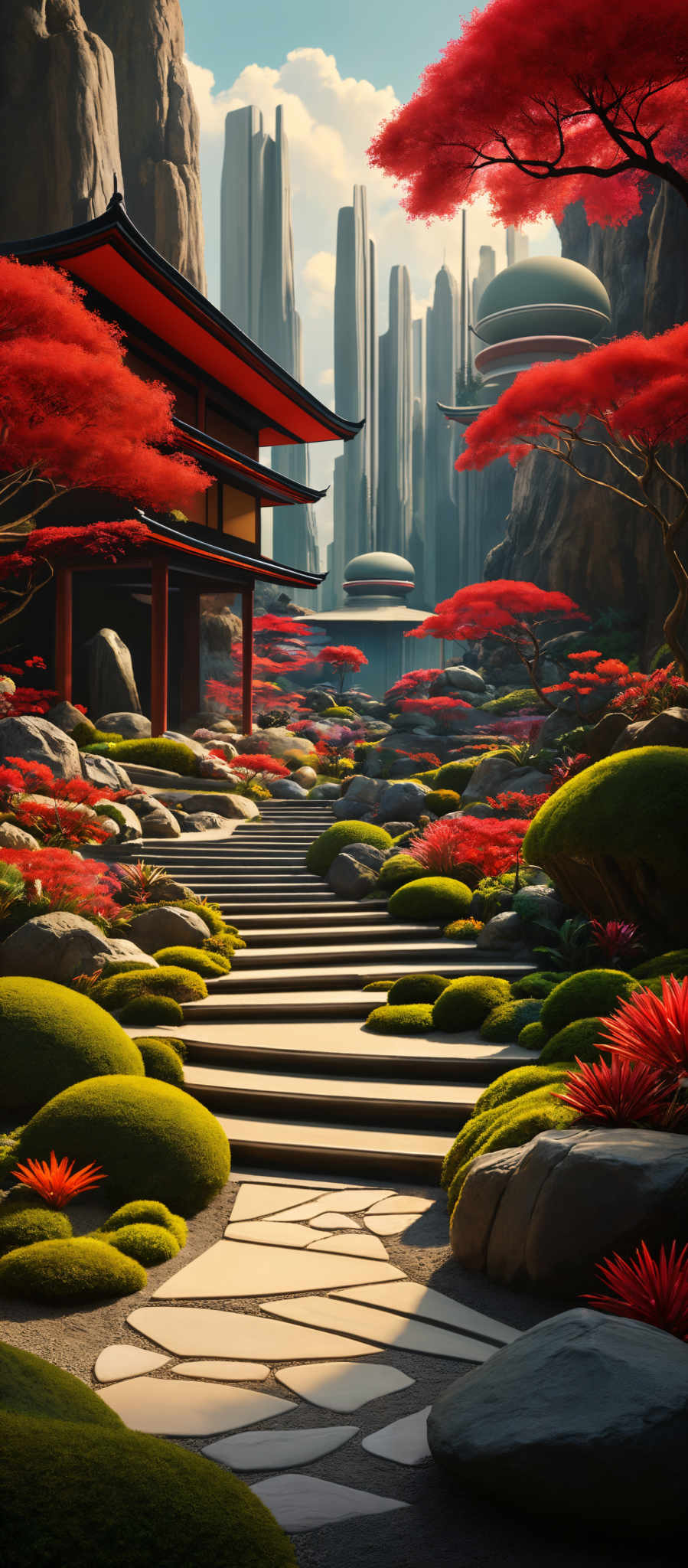 The image showcases a serene and picturesque landscape. Dominating the foreground are vibrant red trees with a unique, almost flame-like appearance. These trees contrast beautifully with the lush green moss-covered rocks and the white, intricately designed pathway. The pathway is made up of irregularly shaped stones, arranged in a staggered pattern, leading the viewer's eye towards the center of the image where a traditional Japanese-style building with a red roof stands amidst the trees. Behind this building, towering skyscrapers rise into the sky, juxtaposing the ancient with the modern. The sky is clear with a hint of clouds, and the overall color palette is a blend of warm reds, greens, and cool blues.