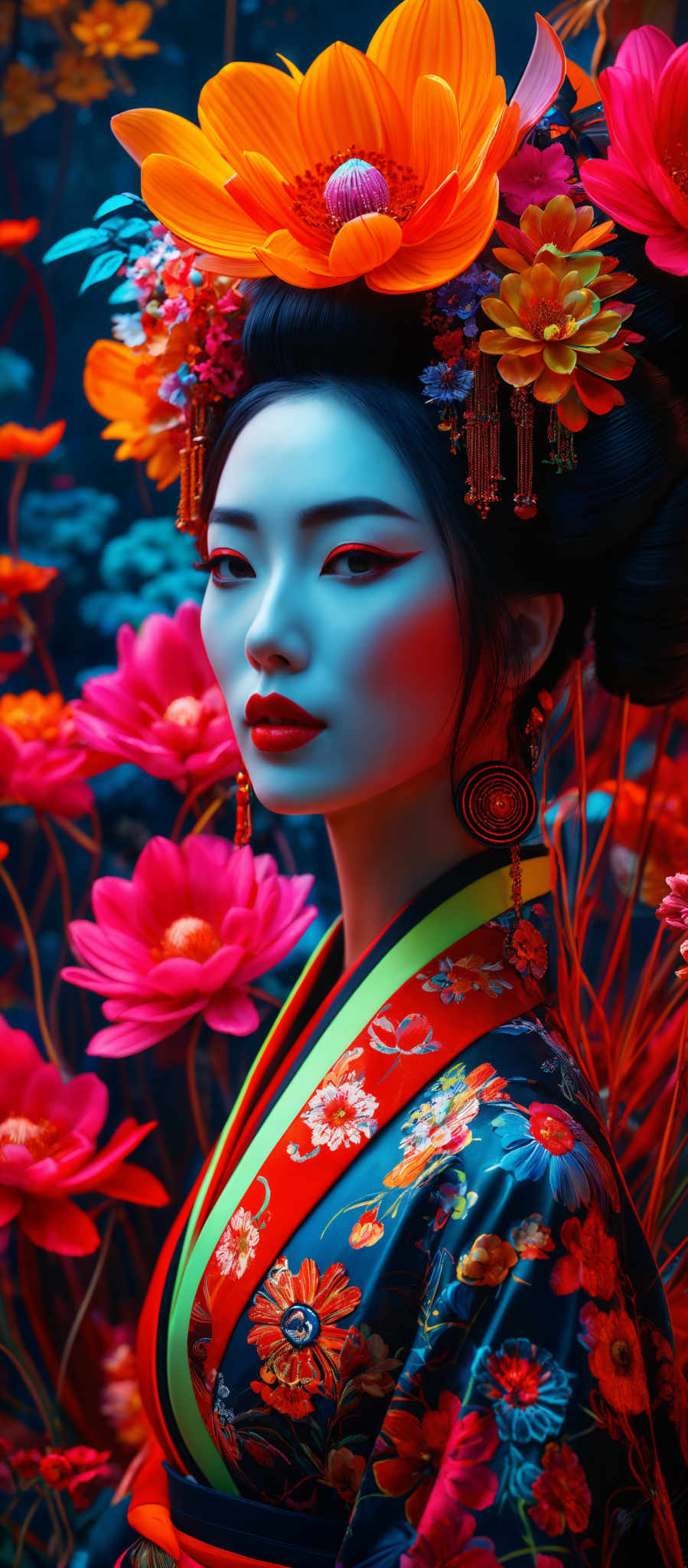 The image showcases a woman adorned with vibrant and colorful flowers. The dominant colors are shades of red, orange, and blue. The woman has a pale complexion and is wearing red lipstick. She has a traditional hairstyle with decorative hairpins and accessories. The flowers surrounding her are large, with some resembling daisies and others having intricate patterns. The overall ambiance of the image is ethereal and artistic, with a blend of modern and traditional elements.