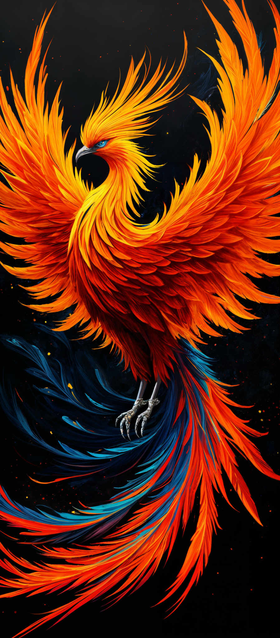 The image showcases a vibrant and majestic phoenix. It has a bright orange and yellow hue, with intricate feather details that radiate outwards, giving it a dynamic and fiery appearance. The phoena's wings are spread wide, showcasing the full span of its wingspan. The tail feathers transition from a fiery orange to a deep blue, creating a striking contrast against the dark background. The bird's head is sharp and focused, with a pronounced beak and intense eyes.