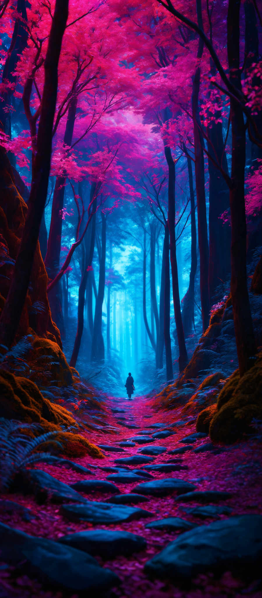 The image showcases a vibrant and mystical forest. The dominant colors are shades of pink, blue, and green. The trees have tall, slender trunks with branches that spread out, covered in pink leaves. The ground is covered with a thick layer of pine needles, and there are cobblestone-like stones laid out on a pathway. A lone figure can be seen in the distance, walking towards a bright blue light that seems to emanate from the center of the forest.