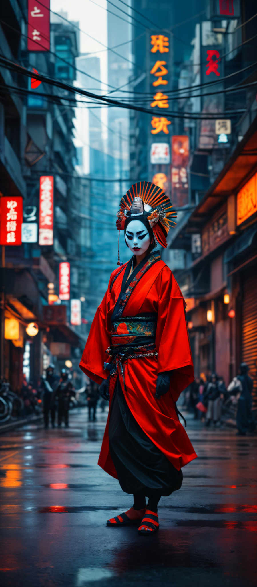 The image showcases a person wearing a vibrant red kimono with intricate black and gold details. The individual is also adorned with a unique headdress that has a sun-like design with multiple spikes. The face is painted white with black eyebrows and a straight line running down the center of the forehead. The person's feet are covered with striped orange and black sandals. In the background, there's a bustling urban setting with tall buildings, neon signs in various languages, and a dense network of power lines and cables.