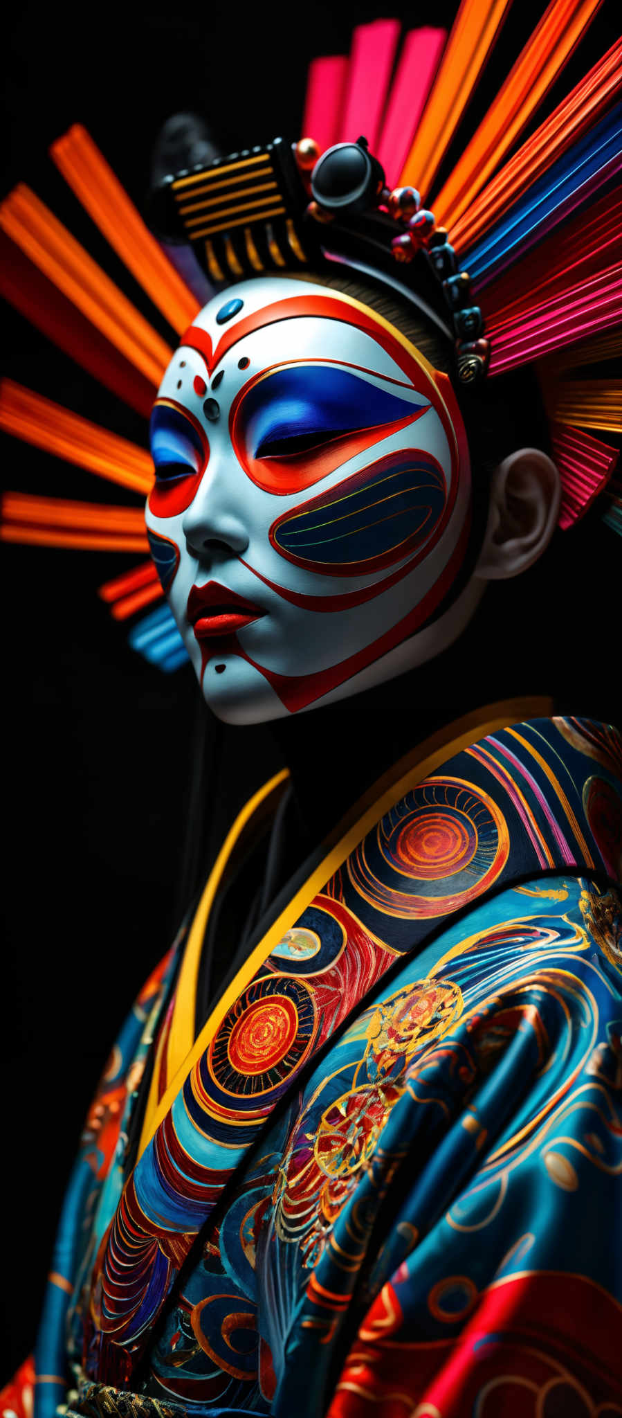 The image showcases a person adorned with a vibrant and intricate costume. The costume features a rich palette of colors, including blues, reds, yellows, and greens. The person's face is painted with a white base, accentuated with bold red and blue patterns. The patterns on the face resemble traditional Japanese kabuki makeup, with exaggerated eyes and a serene expression. The individual is also wearing a headdress made of colorful, fan-like structures that radiate outwards in a vivid display of hues. The clothing is detailed with intricate designs, including swirling patterns and circular motifs.