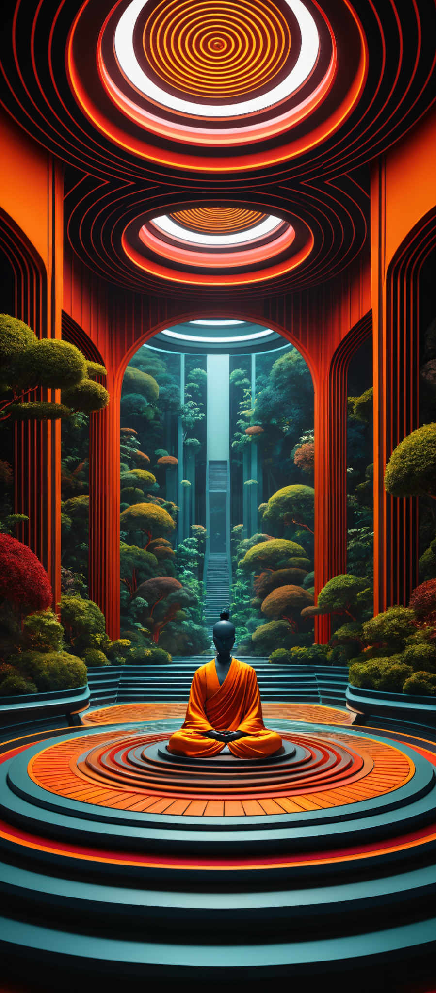 The image showcases a vibrant and intricate architectural design. The dominant colors are shades of orange, red, and blue. The architecture features layered, concentric circles that radiate outward, creating a mesmerizing spiral effect. These circles are complemented by vertical pillars and arches that are painted in a rich, deep red. The centerpiece of the image is a meditating figure, possibly a monk, dressed in a bright orange robe, seated in a meditative posture on a circular platform. The background reveals a serene garden with lush green trees and a tall, slender structure that appears to be a pillar or monument.