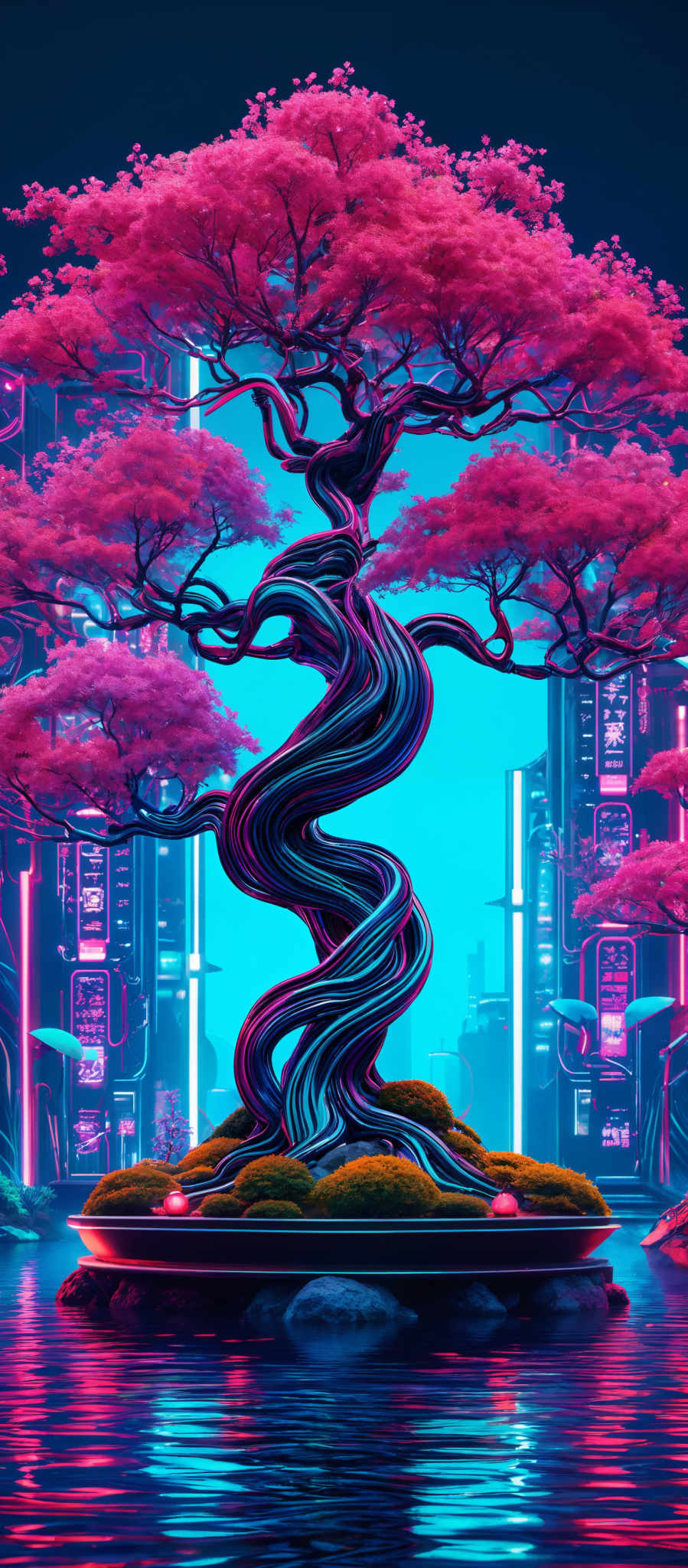 The image showcases a vibrant and surreal scene. The dominant color is a deep shade of blue, which is complemented by neon pink hues. The central focus is a spiral-shaped tree with pink blossoms, which appears to be floating above a body of water. The tree's trunk is twisted and intertwined, resembling a serpentine shape. The background features a futuristic cityscape with tall skyscrapers illuminated with neon lights. The city is reflected in the calm waters below, creating a mirrored effect. The overall ambiance of the image is both mystical and technologically advanced.