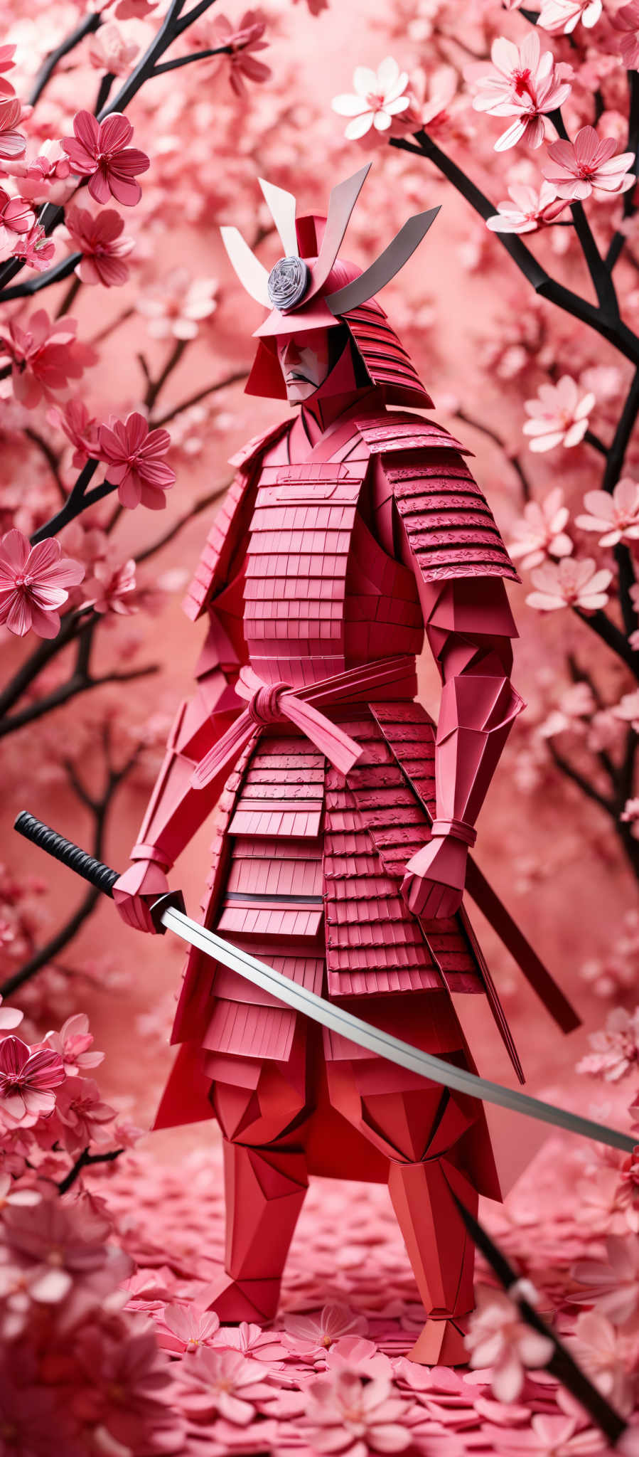 The image showcases a figure, seemingly made of paper or cardboard, dressed in traditional samurai armor. The armor is predominantly red with intricate patterns and details. The figure is holding a long sword, and on its head, there's a helmet with a decorative piece on top. The background is filled with beautiful pink blossoming flowers, possibly cherry blossoms, creating a serene and picturesque setting.