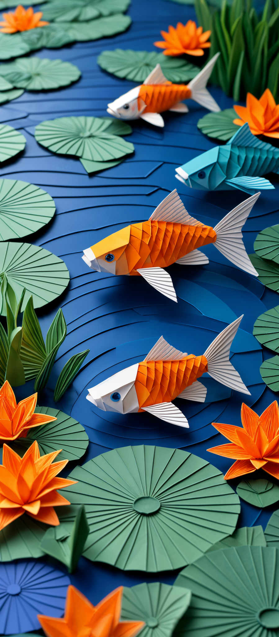 The image showcases a vibrant and intricate scene of origami fish swimming amidst lily pads and lotus flowers. The fish are crafted with a combination of orange, white, and blue colors, exhibiting detailed scales and fins. The lily pad is predominantly green with a radial pattern, and the lotus flower is a radiant shade of orange. The background is a deep blue, representing water, and there are green reeds or grasses emerging from the water's surface.