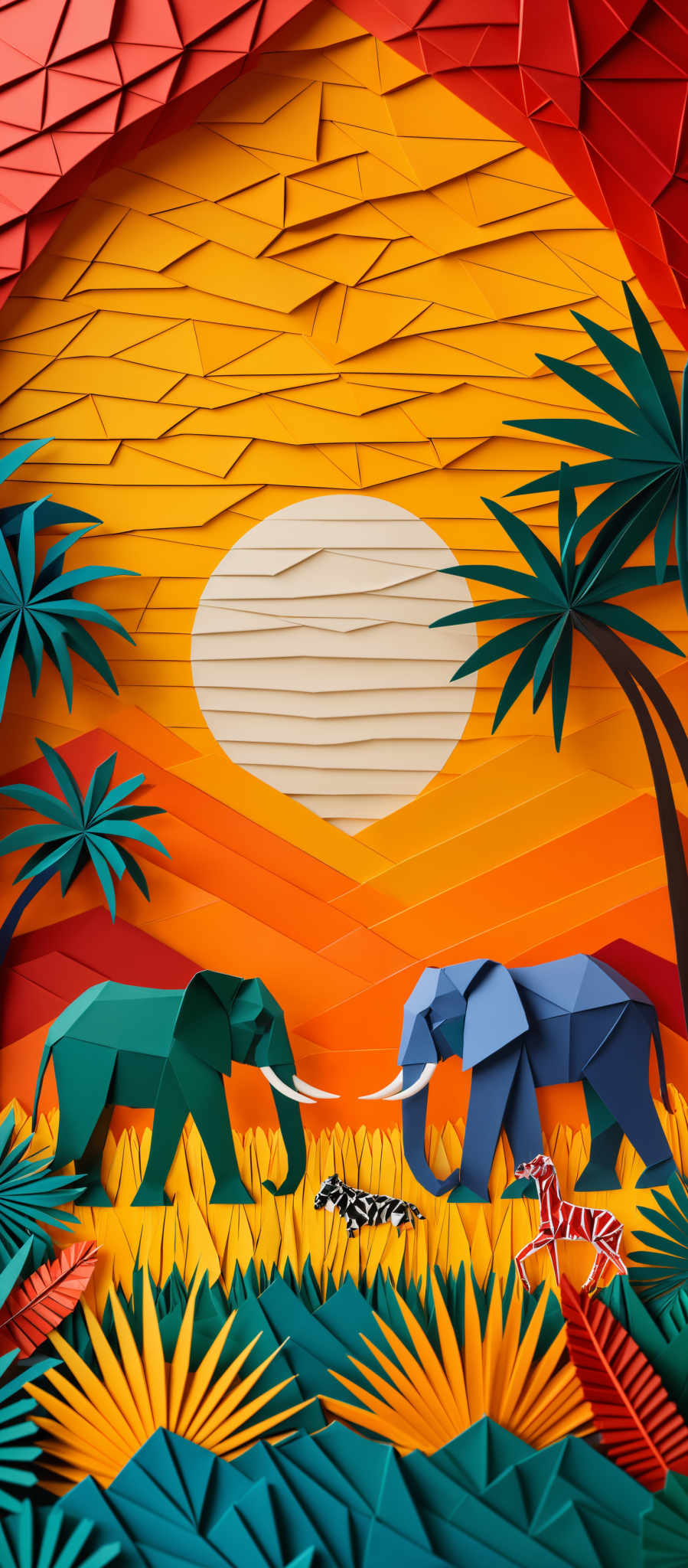 The image showcases a vibrant and colorful scene, predominantly in shades of red, yellow, and green. The background features a large, white circular shape, possibly representing the sun, set against a backdrop of layered red and yellow patterns. In the foreground, there are two elephants, one green and one blue, both depicted in a low-poly, origami-like style. Between them, there's a small zebra. The scene is further enhanced by tropical plants, including palm trees and ferns, all rendered in a similar origami style.