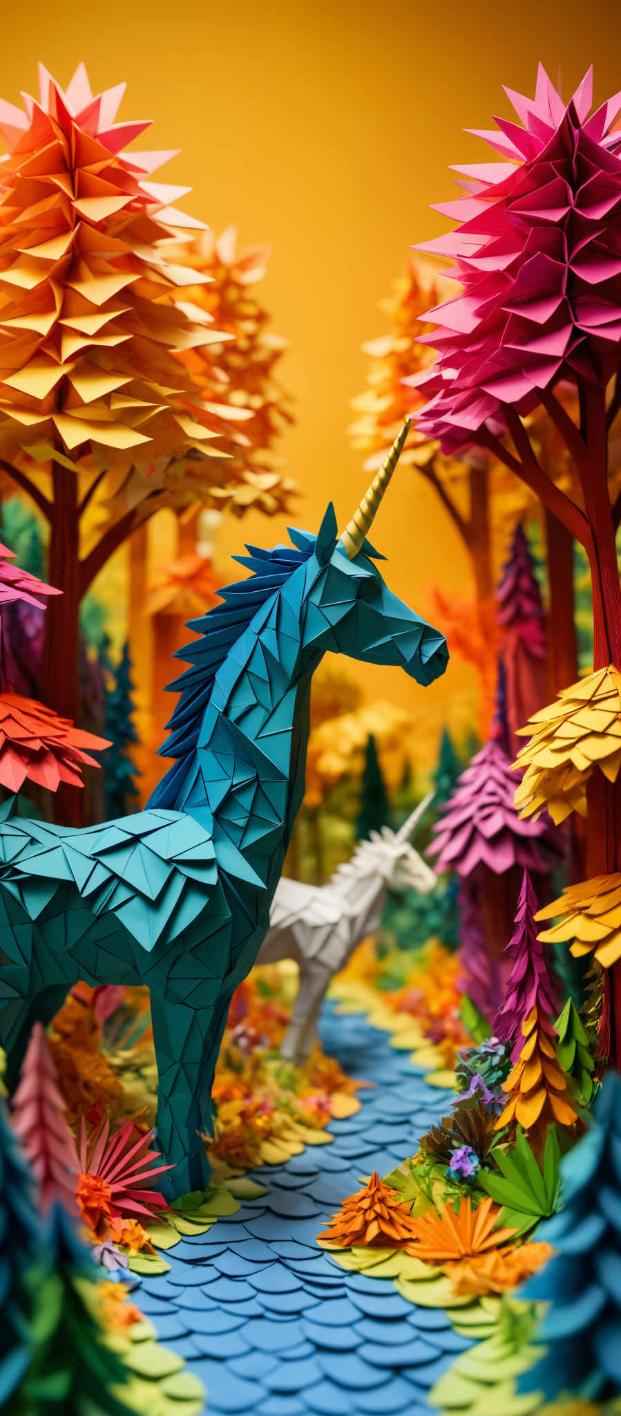 The image showcases a vibrant and colorful scene, predominantly featuring geometric shapes. The primary focus is on a blue unicorn with a golden horn, surrounded by a variety of trees and plants. The trees are crafted in a unique, layered, and faceted design, with leaves in shades of orange, pink, and green. The ground is adorned with colorful flowers and foliage, and there's a blue river or pathway that meanders through the scene. The entire setting is set against a warm, golden-yellow background, creating a magical and dreamy ambiance.