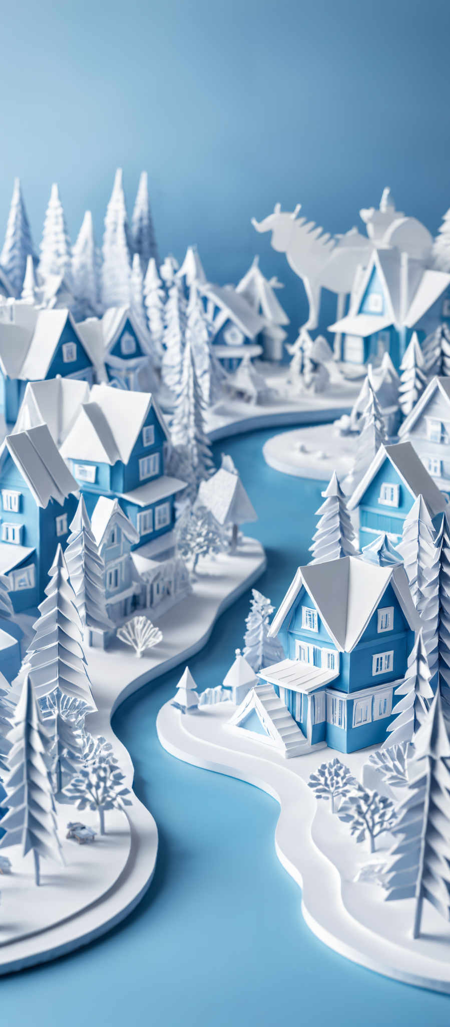 The image showcases a detailed and intricate paper craft of a winter landscape. The dominant colors are shades of blue and white. The landscape consists of houses, trees, and a river. The houses are two-storied with sloping roofs, and they are predominantly blue. The trees are white, resembling snow-covered pine trees. The river meanders through the landscape, and there are small details like snowdrifts and footprints on the banks. The entire scene gives a serene and peaceful winter vibe.