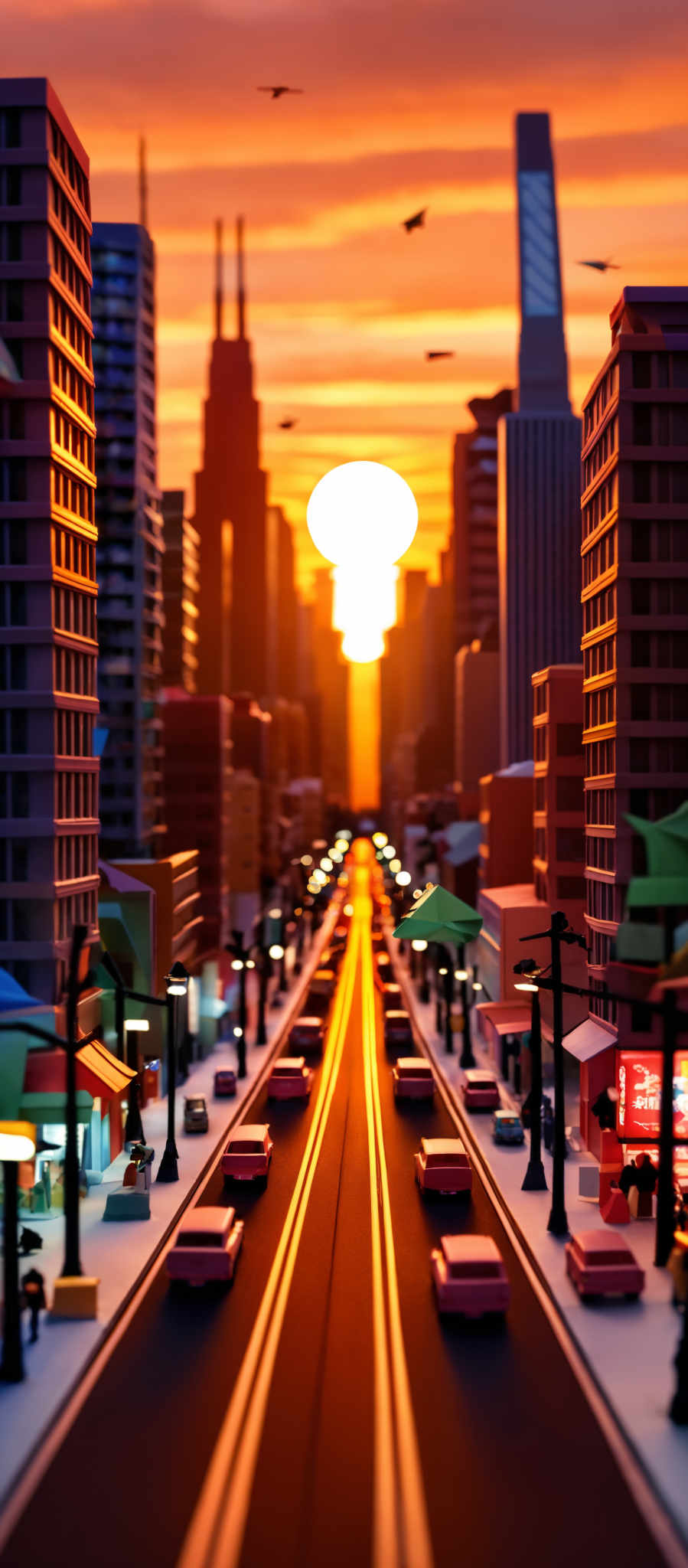 The image showcases a vibrant cityscape during sunset. The sky is painted in hues of orange, red, and purple, with the sun setting in the center, casting a golden glow. The city is adorned with tall buildings, some of which have unique architectural designs. The streets are lined with cars, streetlights, and small shops. The overall color palette is warm, with a mix of cool and warm tones. The perspective is from an elevated viewpoint, looking down the main street towards the horizon.