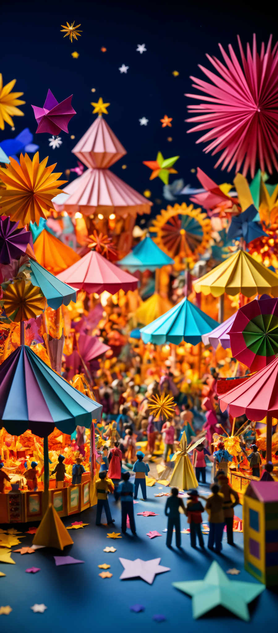 The image showcases a vibrant and colorful scene, possibly a fantastical or imaginative representation. Dominating the background are large, star-shaped objects in various hues like pink, blue, and yellow. These are set against a deep blue backdrop. In the foreground, there are miniature figures, possibly people, interacting with various stalls or booths. These stalls have colorful canopies in shades of pink and blue. The ground is scattered with star-like objects and small triangular shapes. The entire scene exudes a festive or celebratory mood, reminiscent of a carnival or fair.