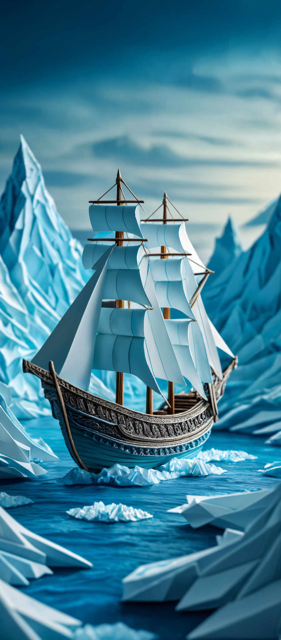 The image showcases a detailed and intricate scene of a sailing ship amidst a vast icy landscape. The ship is adorned with multiple sails, and its wooden structure is ornately designed. The icy terrain is characterized by jagged, sharp-edged icebergs and mountains, all rendered in varying shades of blue, giving a cold and chilling ambiance. The sky above is a deep shade of blue with hints of white, suggesting the presence of clouds or perhaps the reflection of the icy surroundings.