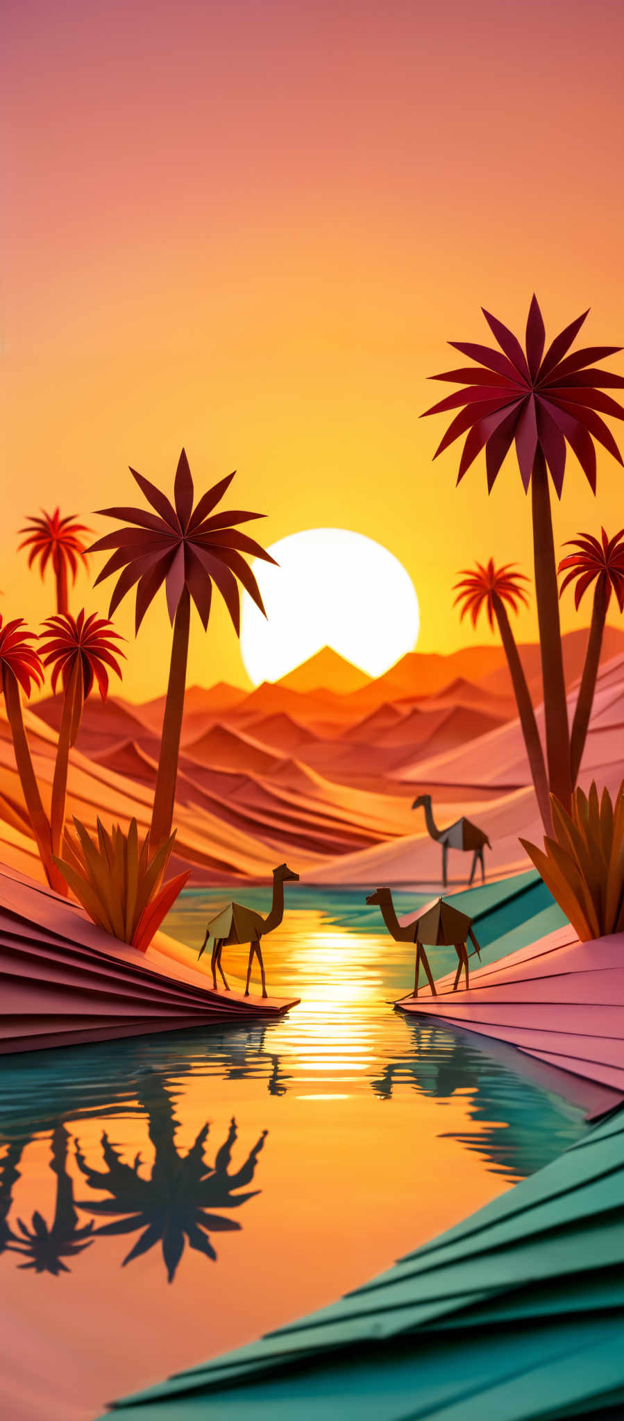 The image showcases a vibrant sunset with hues of orange, pink, and purple. The sun is depicted as a large, radiant orb, casting a warm glow over the scene. In the foreground, there are palm trees with elongated, star-shaped leaves. The ground appears to be made of layered, wavy patterns, possibly representing sand dunes or waves. There are two camels walking near a body of water, reflecting the colors of the sunset. The water itself is calm, with clear reflections of the camels and the surrounding landscape.