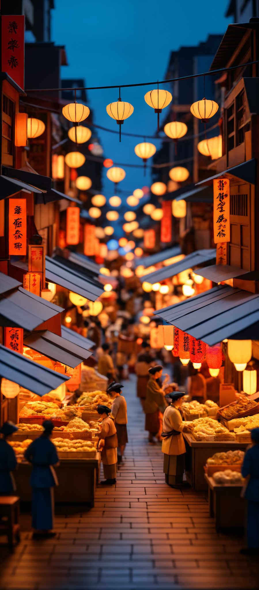 The image showcases a vibrant and bustling market scene during the evening. The dominant colors are warm hues of orange, red, and yellow, emanating from the lanterns and the illuminated stalls. The lantern shapes are round with a slightly conical top, and they hang in rows from wires above the market. The market itself is lined with stalls displaying various goods, primarily food items. There are miniature figures, possibly vendors or customers, interacting at these stalls, adding life to the scene. The architecture of the buildings is traditional, with sloping roofs and wooden structures. Chinese characters can be seen on banners and signs, indicating the cultural setting of the marketplace.