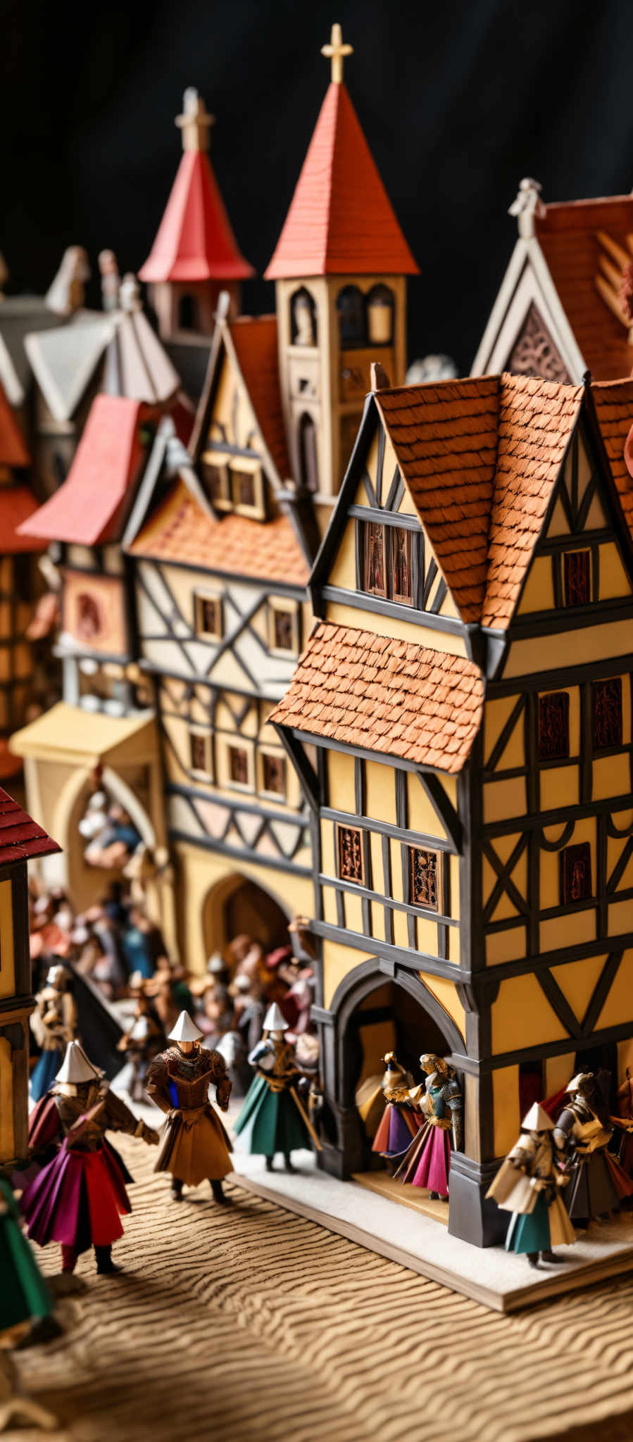 The image showcases a miniature town or village with half-timbered houses. The houses have a distinctive Tudor architectural style, characterized by wooden beams and plaster or brick filling the spaces between the beams. The roofs are steeply pitched and have a reddish-brown color. The buildings are adorned with various details, such as windows, doors, and decorative elements. In the foreground, there are miniature figures dressed in medieval attire, suggesting a scene from a bygone era. The figures are engaged in various activities, like walking, conversing, and carrying objects. The entire scene is set against a backdrop of a textured surface, possibly a tablecloth or fabric, with a dark background.