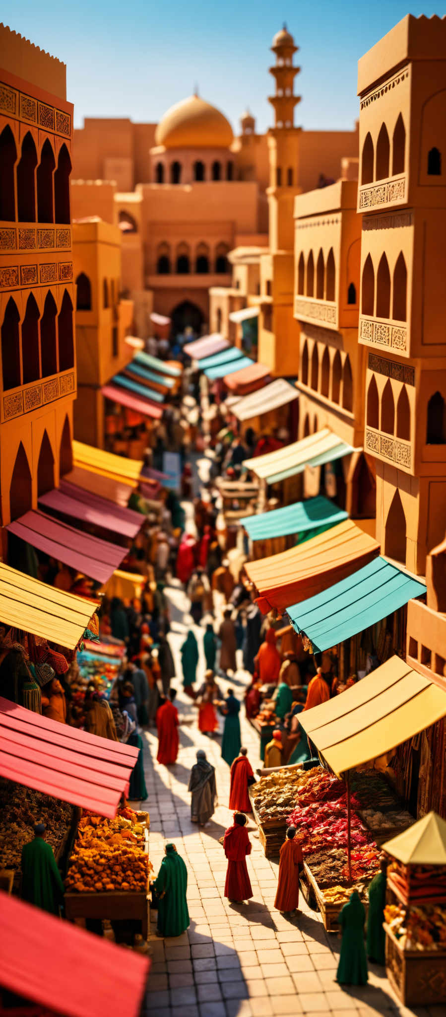 The image showcases a bustling marketplace set in a sunlit environment. The buildings are adorned with intricate designs, predominantly in shades of brown and beige. They have arched windows and balconies, and the facades are embellished with decorative motifs. The market stalls are colorful, with a variety of goods displayed, including fruits and textiles. People in vibrant clothing, prevalently in shade of red, blue, and green, are seen walking, bargaining, and engaging in various activities. The overall ambiance is one of a lively and busting market day in a historical or cultural setting.