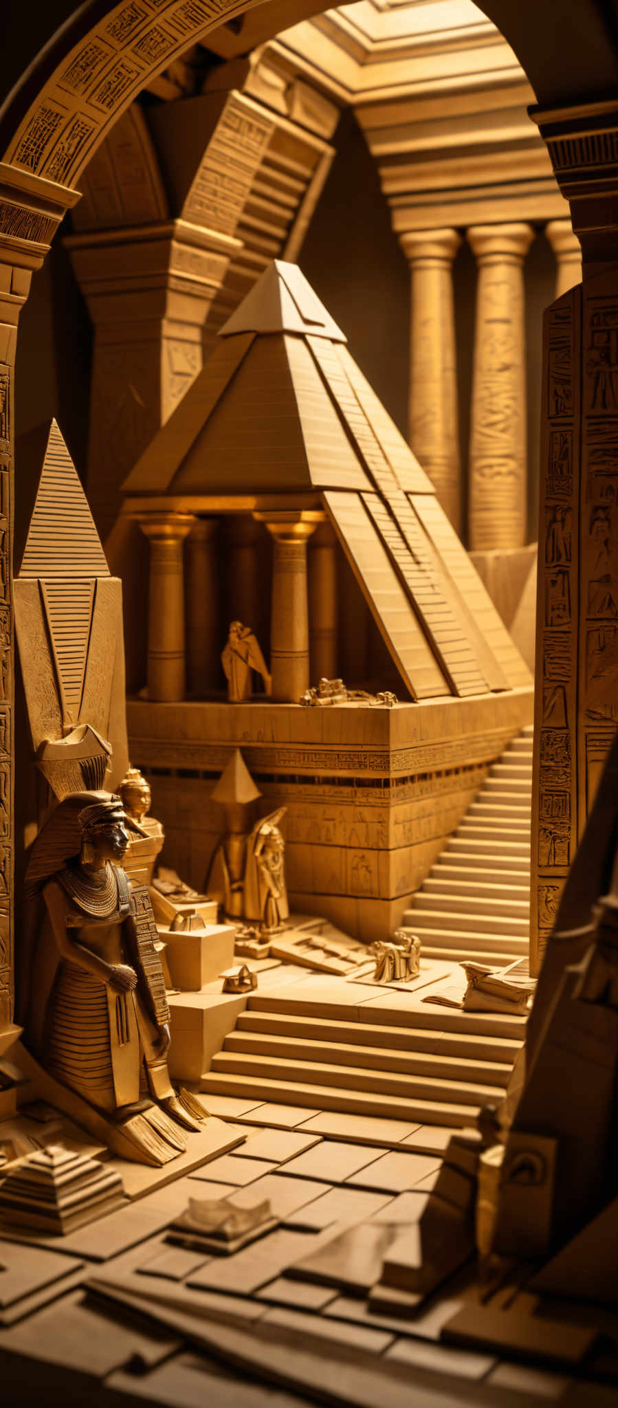 The image showcases a detailed, intricate model of an ancient Egyptian temple or palace. The dominant color is a warm, golden hue, possibly representing sunlight filtering through. The architecture features columns, arches, and various hieroglyphics carved into the walls. There are small figurines depicting people, animals, and possibly deities. The central focus is a seated figure, possibly a pharaoh, adorned with a crown and robes. The scene is bathed in a soft, ambient light, emphasizing the temple's grandeur and the meticulous craftsmanship of the model.