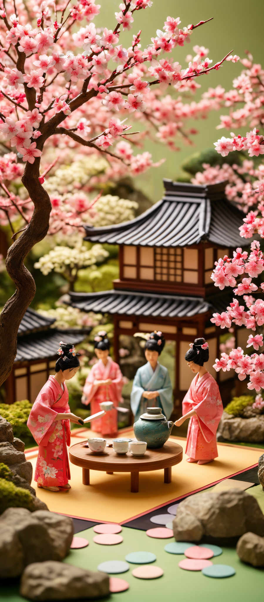 The image showcases a serene scene with a traditional Japanese setting. Dominating the scene are cherry blossom trees with their pink blossoms. In the foreground, there are four figurines dressed in traditional Japanese kimonos, each holding a tea set. The kimonots come in various shades of pink, blue, and white. They are positioned around a low table set with tea bowls, a teapot, and some greenery. The background features a traditional wooden house with a curved roof, surrounded by mossy rocks and more cherry trees. The entire scene is set against a soft green background, giving it a calm and peaceful ambiance.