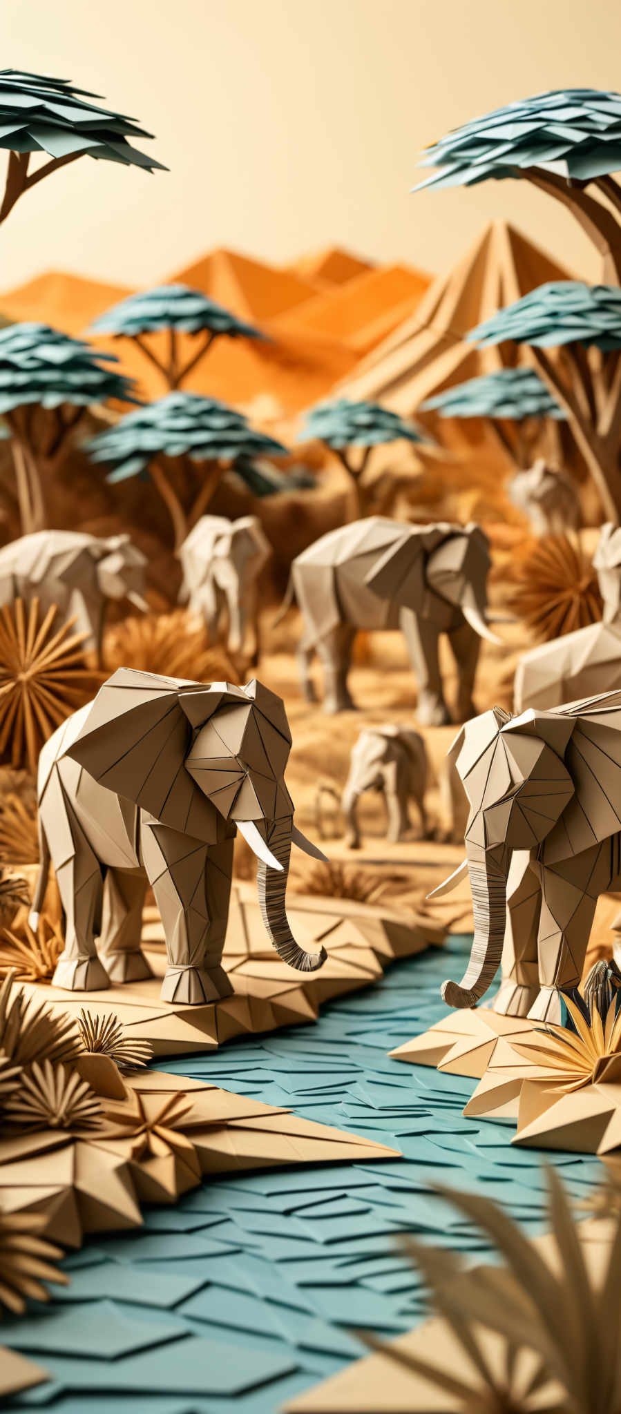 The image showcases a meticulously crafted scene of elephants in a savannah setting. The elephant figures are made of geometric shapes, predominantly in shades of gray and beige. They are surrounded by a variety of plants, including trees with blue foliage and grasses in golden and brown hues. The backdrop features rolling hills and mountains, painted in warm shades, possibly representing a sunset or sunrise. The entire scene is rendered in a 3D, origami-like style, giving it a tactile and artistic feel.