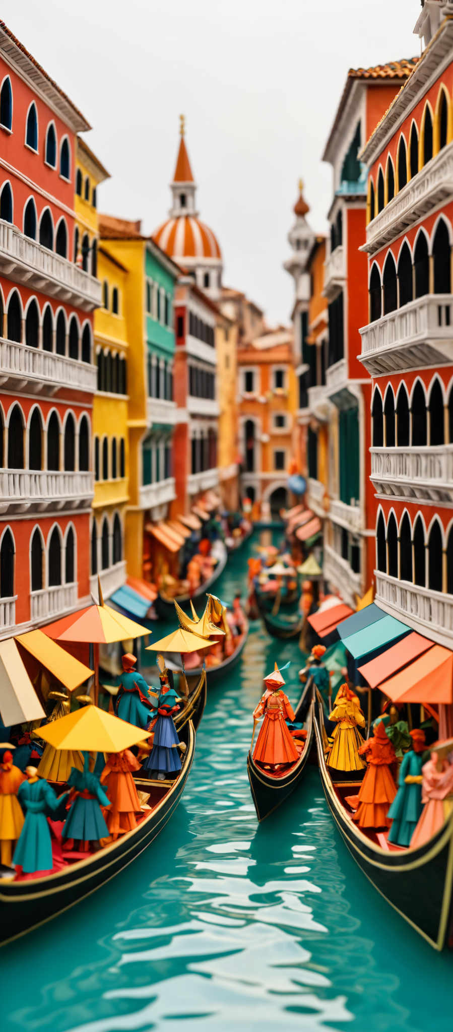 The image showcases a miniature representation of a canal in what appears to be Venice, Italy. The canal is surrounded by colorful buildings with distinct architectural features, such as arched windows and balconies. There are several gondolas on the canal, each adorned with vibrant, detailed figures dressed in period clothing. The figures seem to be engaged in various activities, such holding umbrellas or conversing. The water in the canal is a serene turquoise, reflecting the buildings and gondola figures. The overall scene is a blend of vivid colors, intricate details, and a sense of historical ambiance.