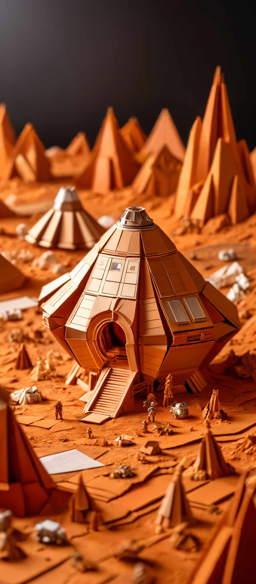 The image showcases a desert-like landscape with towering sand dunes. Dominating the scene is a large, metallic structure resembling a futuristic base or outpost. This structure has a dome-like top with windows and a circular entrance. Surrounding the base are smaller sand dune formations, and scattered around are miniature figures that appear to be explorers or workers. There are also various equipment and vehicles, including rovers, scattered across the terrain. The color palette is predominantly warm, with shades of orange and brown, giving the scene a desert ambiance.