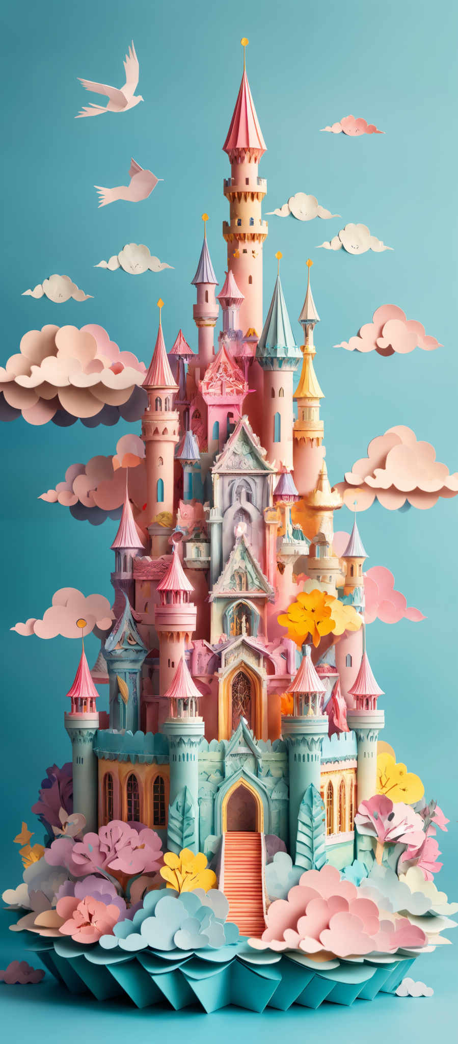 The image showcases a whimsical and intricate castle, painted in a myriad of pastel colors. The castle is multi-tiered with turrets and spires, each adorned with a unique color. The sky is painted in shades of blue with fluffy white clouds. There are also birds flying around the castle, adding to the dreamy atmosphere. The base of the castle is surrounded by colorful, layered clouds, and there are trees with yellow and pink leaves, suggesting a possible autumn setting.