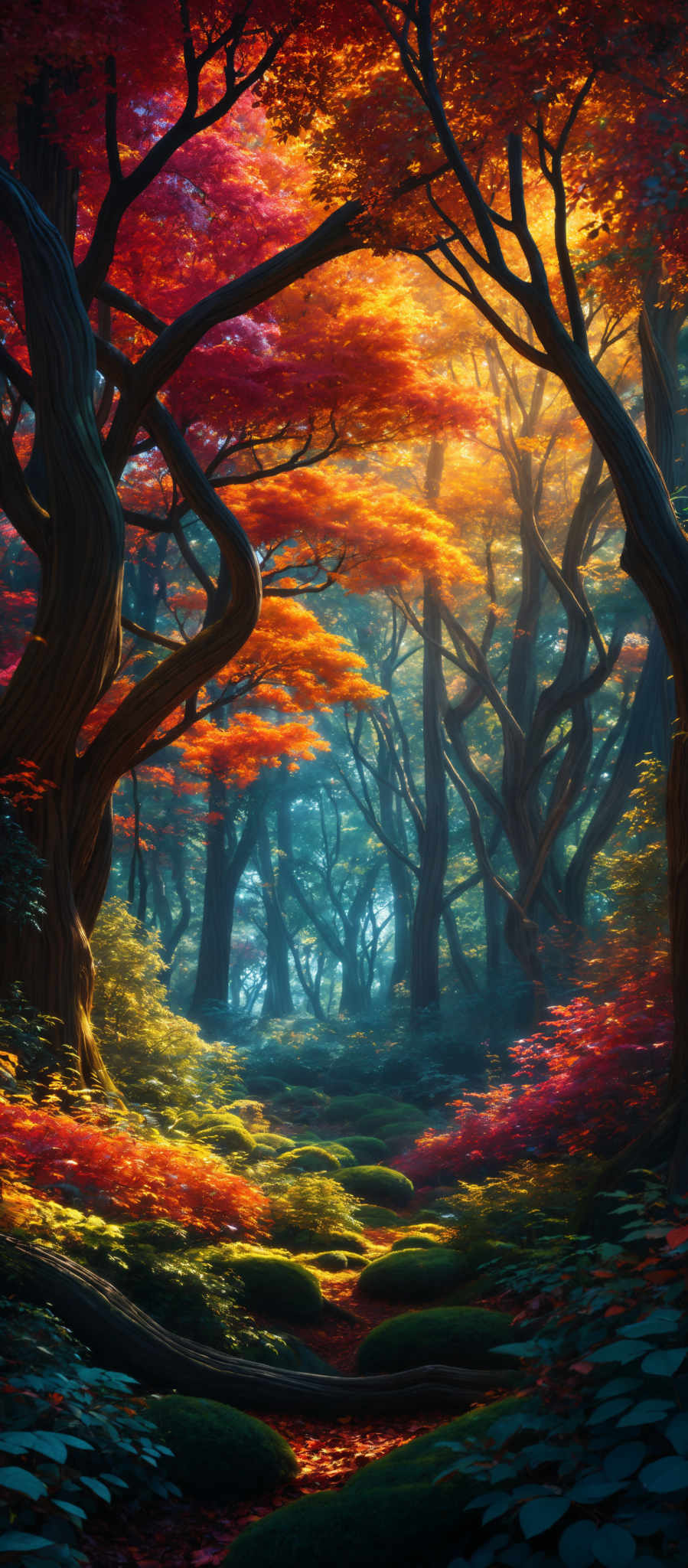 The image showcases a breathtaking forest during autumn. The dominant colors are shades of red, orange, and yellow, representing the vibrant fall foliage. The trees have twisted and gnarled trunks, and their branches stretch out in various directions. The ground is covered with fallen leaves, creating a carpet of red and orange hues. There are moss-covered stones scattered throughout, adding to the mystical ambiance of the scene. The sunlight filters through the canopy, casting a warm glow and creating a play of light and shadow.