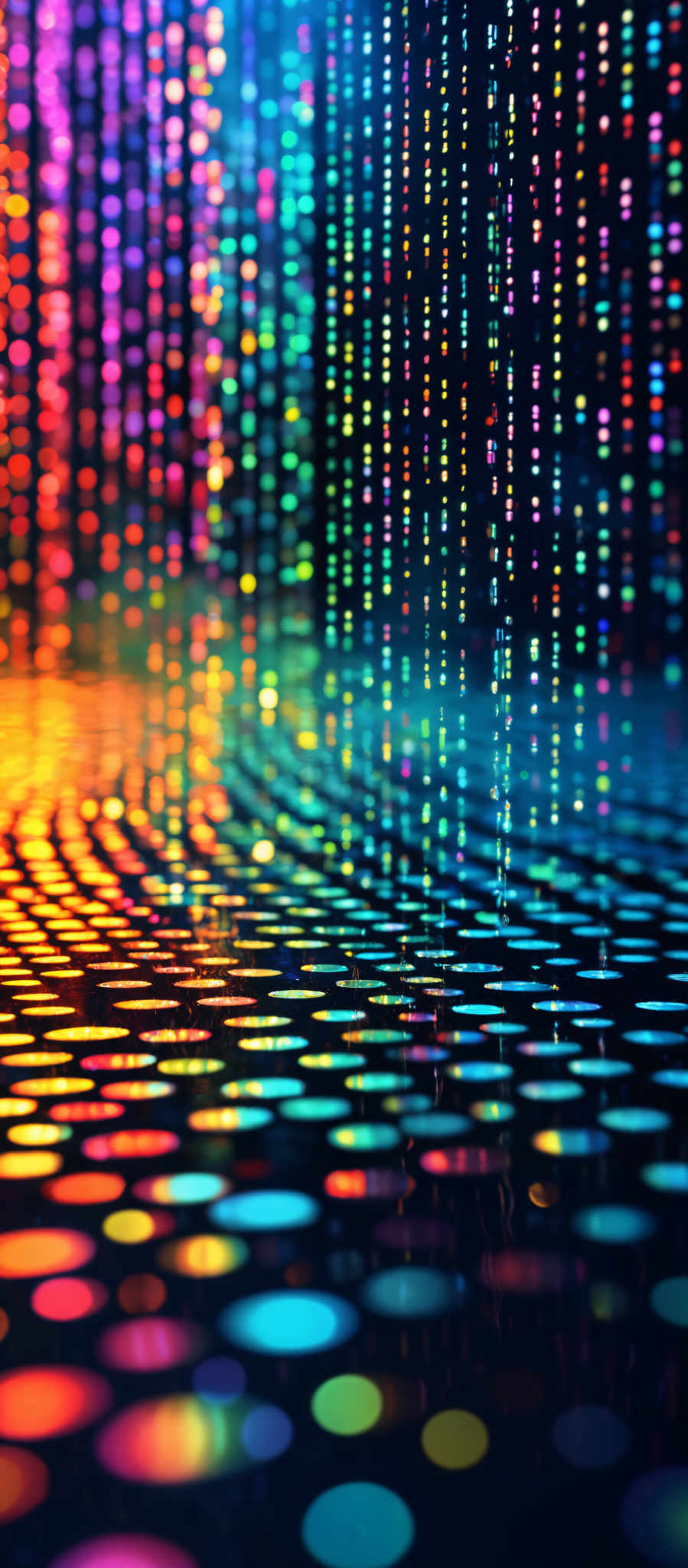 The image showcases a vibrant and colorful display of vertical and horizontal lines, resembling a digital matrix or a visualization of data. The lines are made up of multicolored dots, each emitting a glow, creating an effect of a dynamic and lively digital landscape. The colors range from deep blues and purples to bright oranges, yellows, and reds. The overall impression is one of energy, movement, and a digital realm.