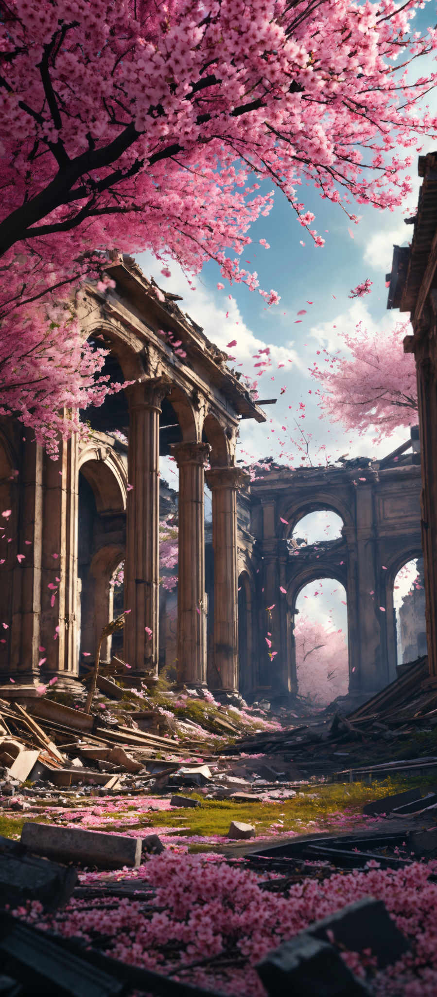 The image showcases a serene scene of ancient ruins. The dominant color is a soft blue, representing the sky. The ruins are made of stone, with intricate architectural details like arches and columns. The ground is littered with debris, and there are cherry blossom trees in full bloom, their pink petals falling gently. The trees' branches extend over the ruins, creating a canopy of pink. The overall atmosphere is one of tranquility and nostalgia.