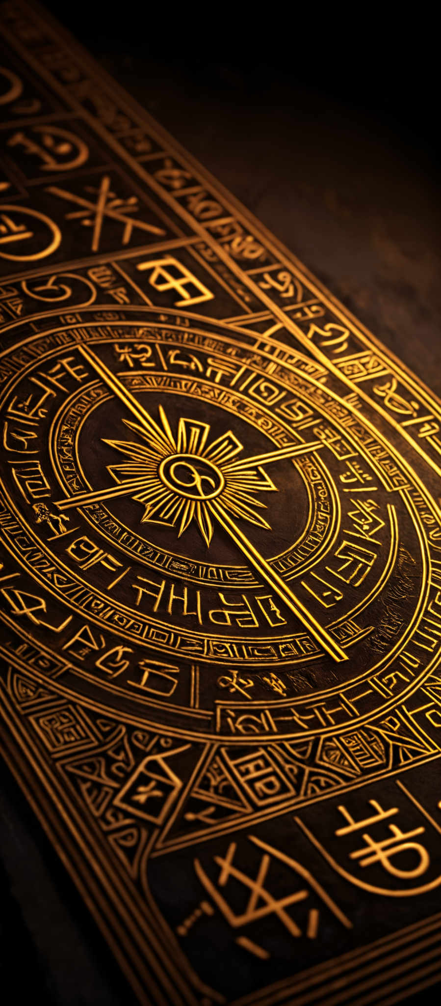 The image showcases a meticulously designed pattern, predominantly in gold against a dark background. The design is intricate, featuring a central circular motif with radiating lines and symbols. Surrounding this central circle are various symbols, runes, and inscriptions, all of which seem to be of a mystical or esoteric nature. The overall ambiance of the image is one of ancient wisdom and arcane knowledge.